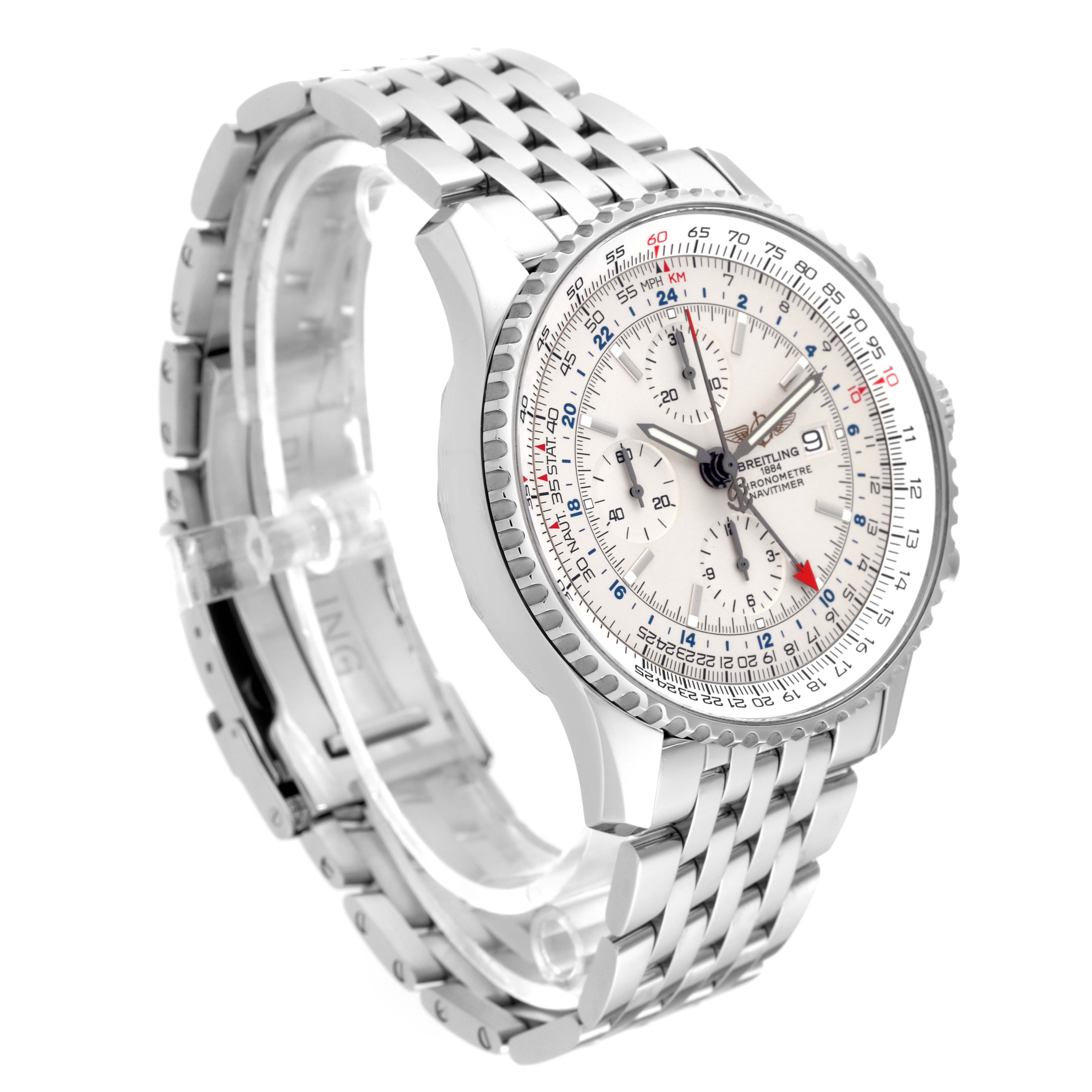 The image shows a Breitling Navitimer A2432212/G571 Men's Stainless Steel White Dial A2432212/G571 Men's Stainless Steel White Dial watch from a front-side angle, highlighting its dial, bezel, and metal bracelet.