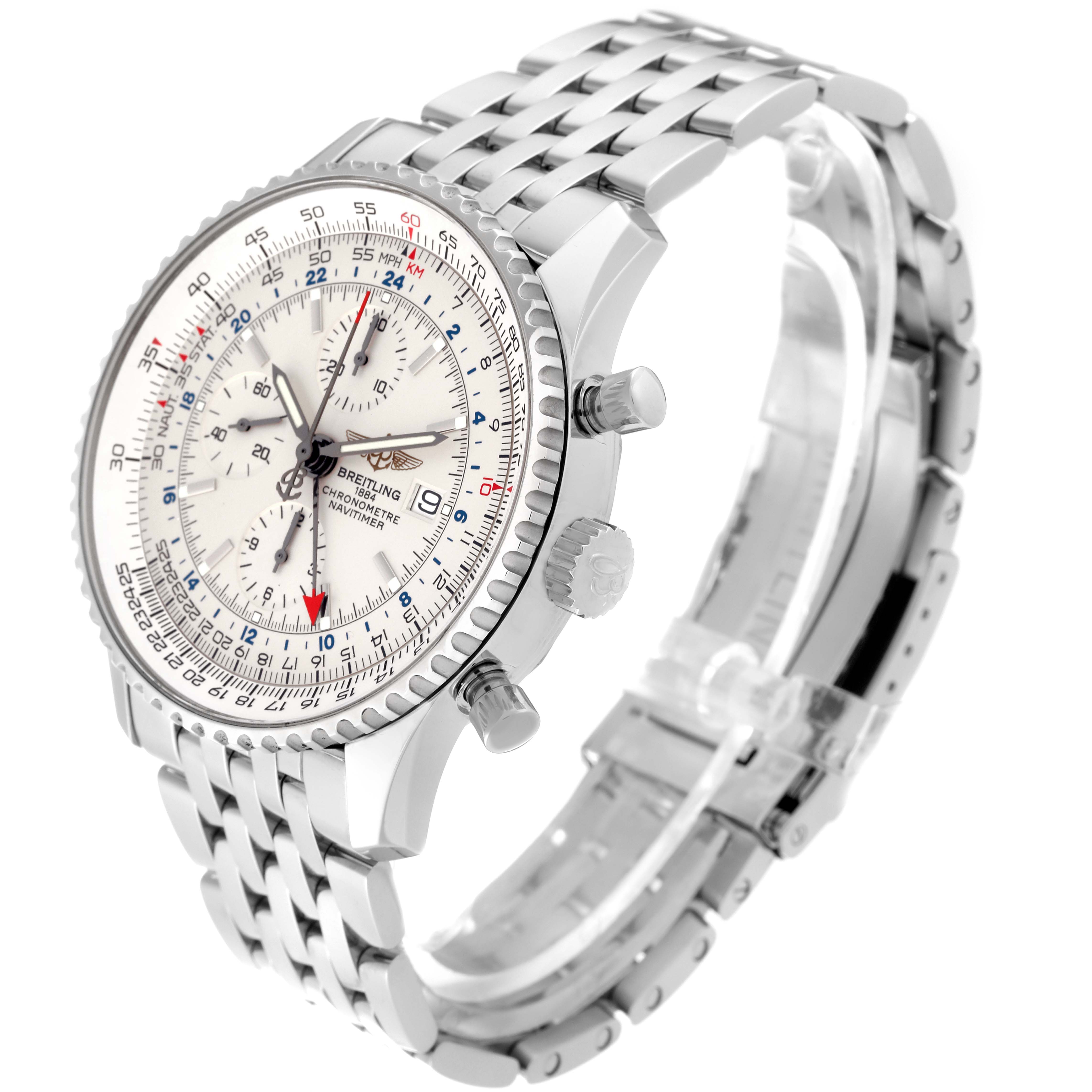 This image shows a Breitling Navitimer A2432212/G571 Men's Stainless Steel White Dial A2432212/G571 Men's Stainless Steel White Dial watch at an angle highlighting the dial, bezel, crown, pushers, and metal bracelet.