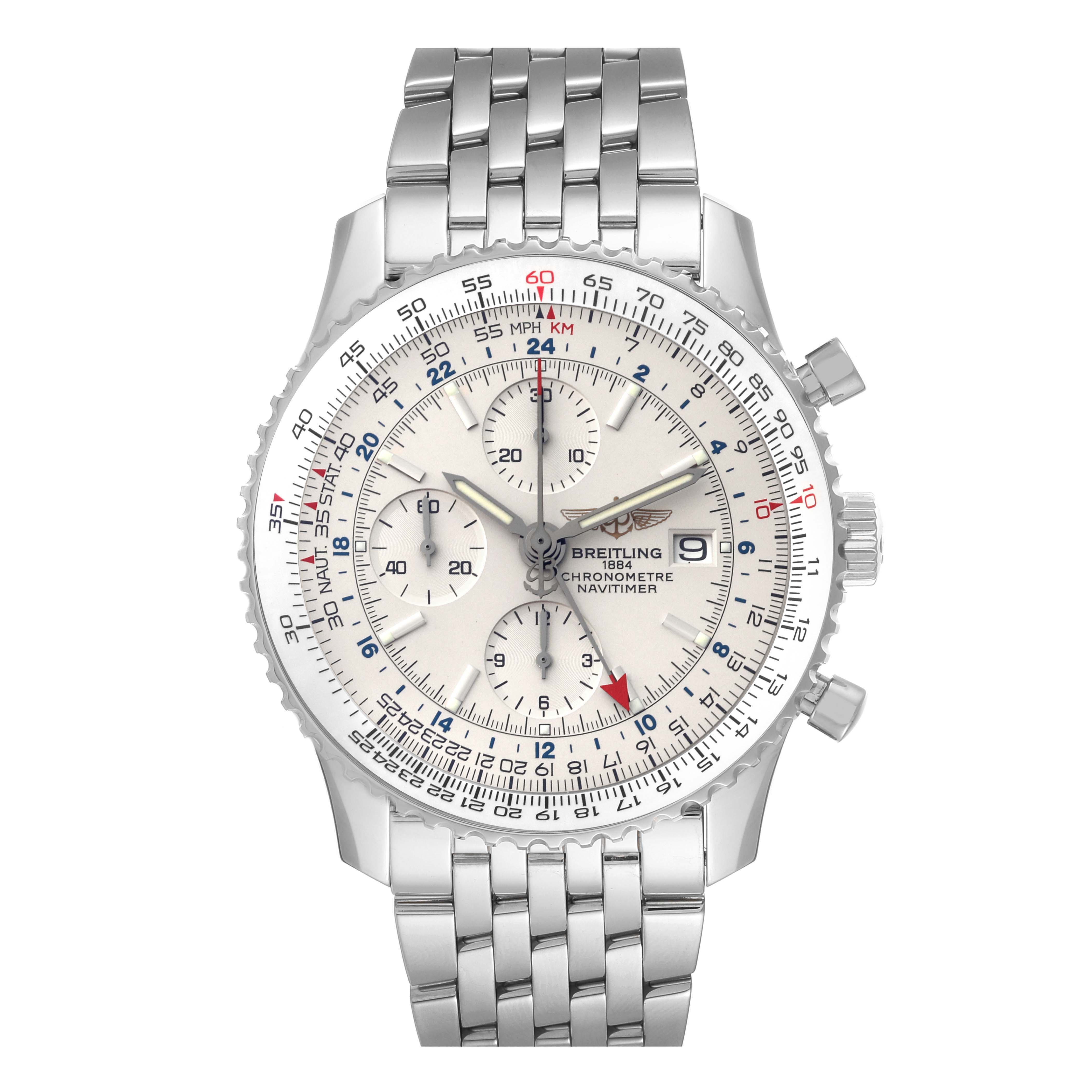 The Breitling Navitimer A2432212/G571 Men's Stainless Steel White Dial A2432212/G571 Men's Stainless Steel White Dial watch is shown from the front, displaying the face, bezel, three subdials, and metal bracelet.