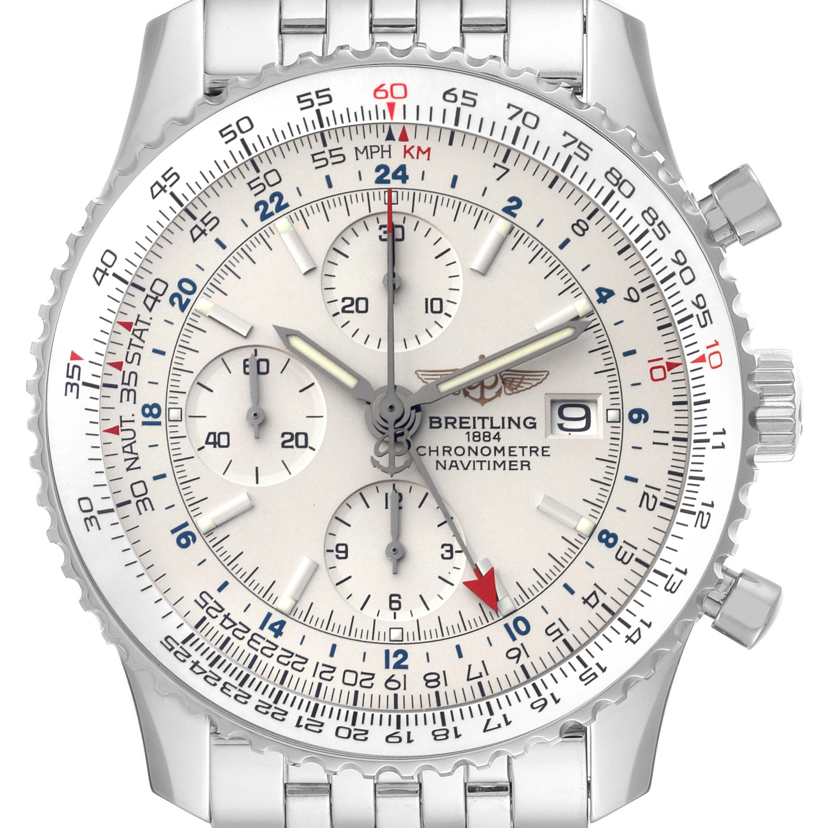This image shows a front view of a Breitling Navitimer A2432212/G571 Men's Stainless Steel White Dial A2432212/G571 Men's Stainless Steel White Dial watch, highlighting the dial, bezel, sub-dials, and bracelet.