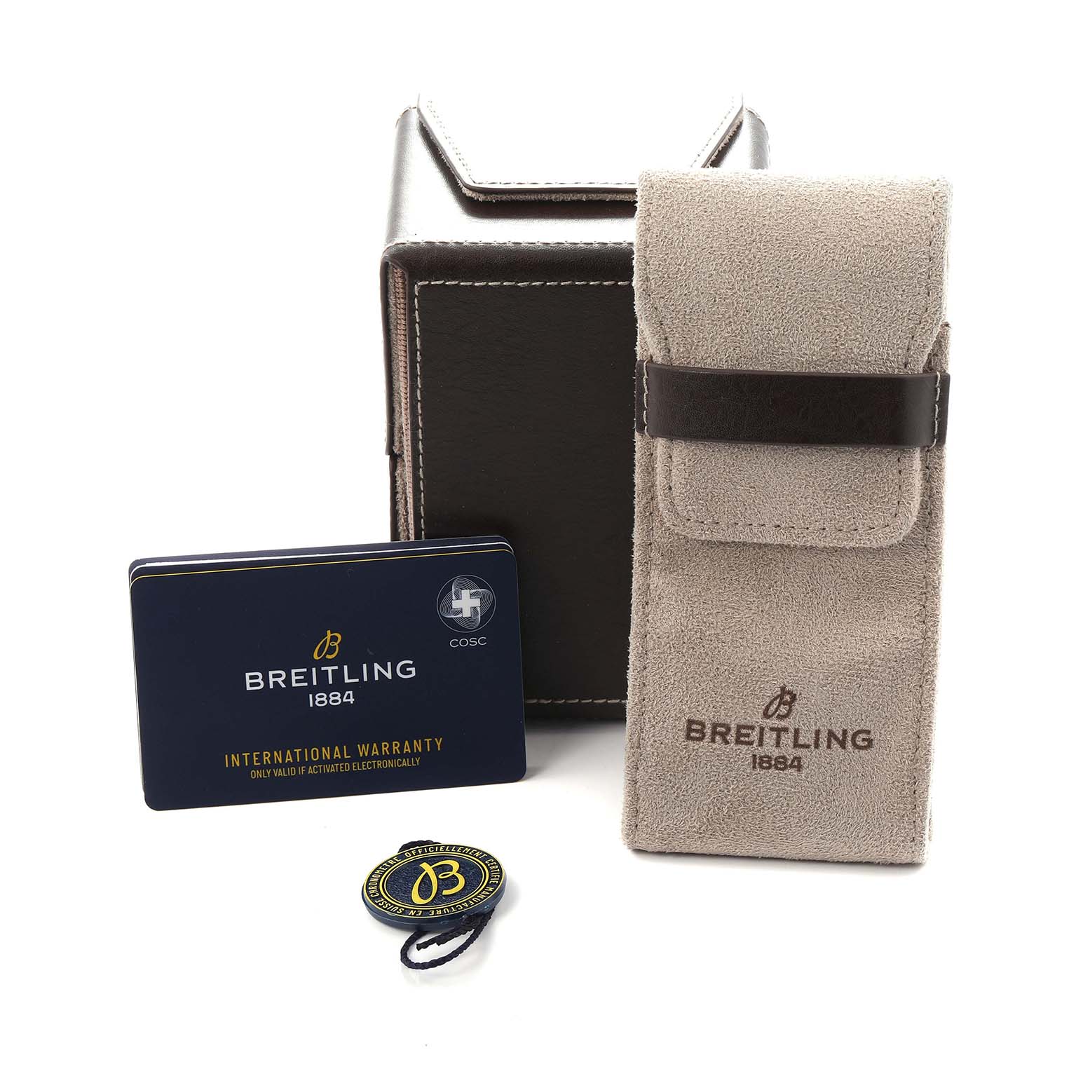 The image shows a Breitling Premier RB0145371G1R1 Men
s Rose Gold White Dial watch box, a suede pouch, an international warranty card, and a tag.