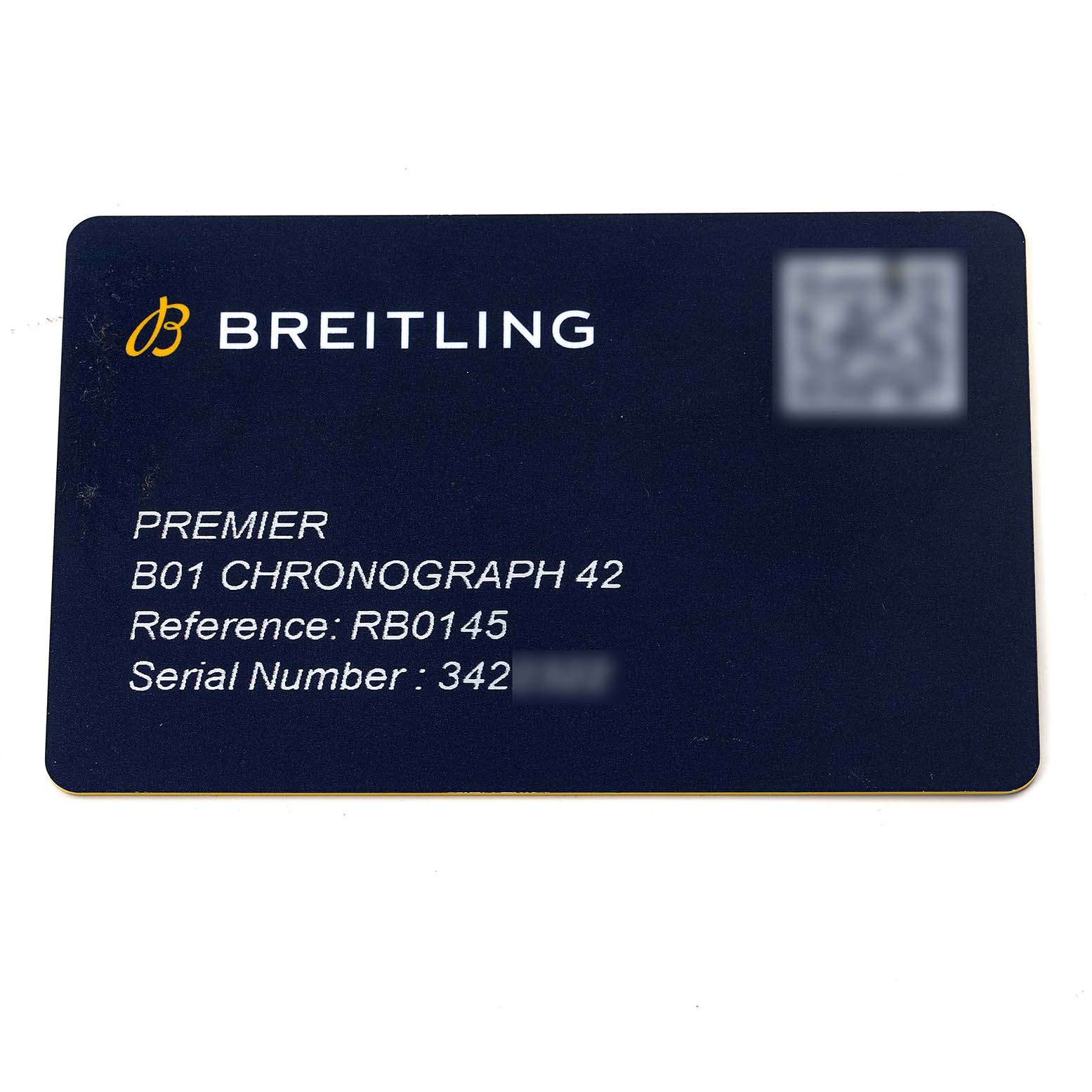 This image shows the warranty card for the Breitling Premier RB0145371G1R1 Men
s Rose Gold White Dial B01 Chronograph 42, including reference and serial numbers.