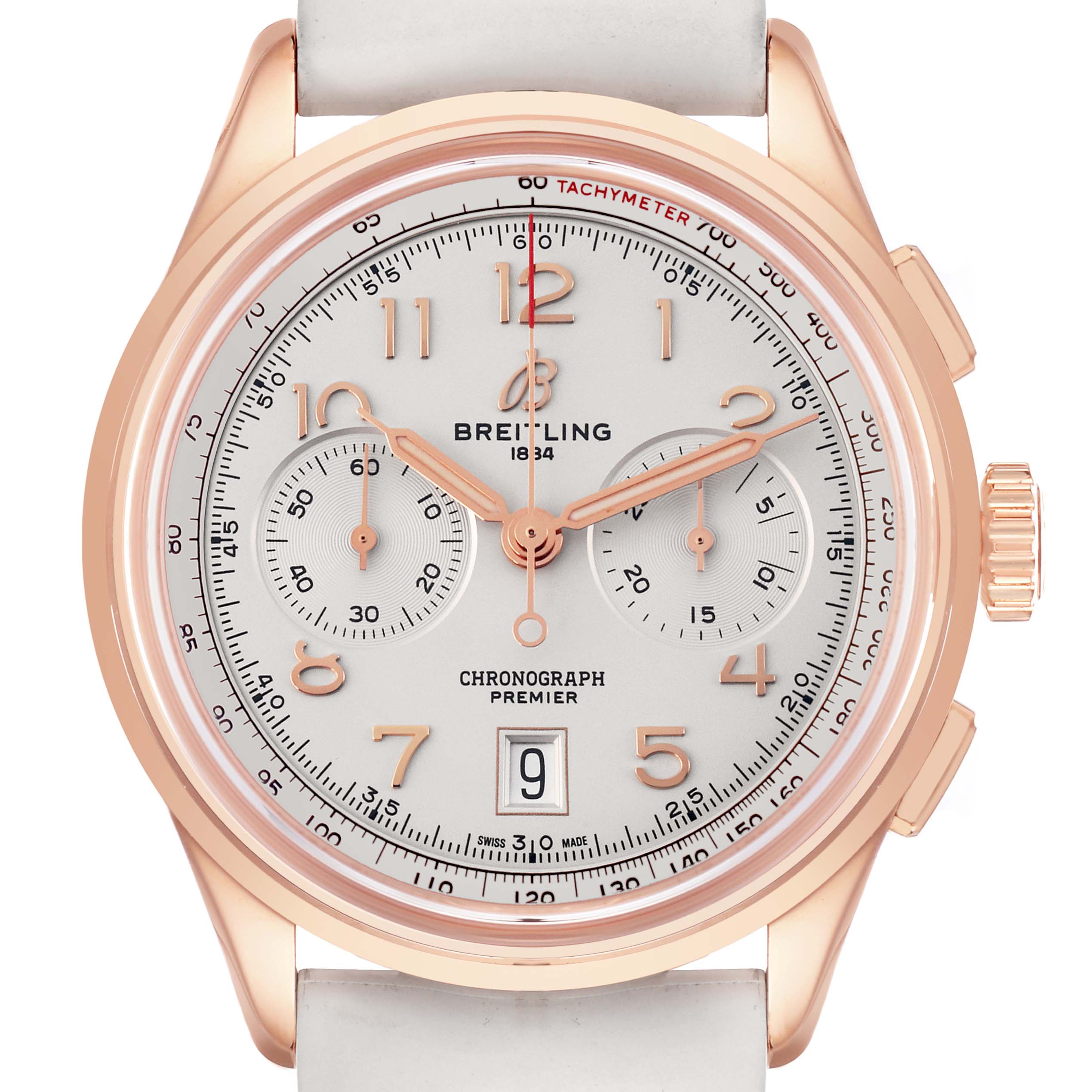 The Breitling Premier RB0145371G1R1 Men
s Rose Gold White Dial watch is shown from the front, displaying the face, chronograph dials, date, and crown.