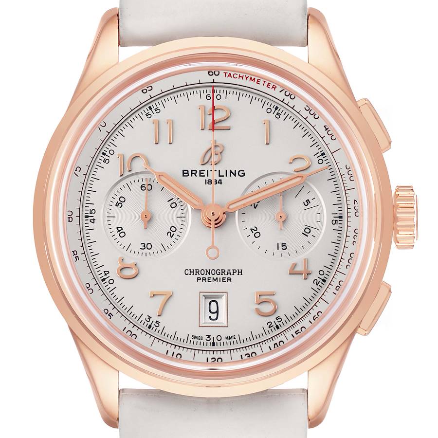 The Breitling Premier RB0145371G1R1 Men's Rose Gold White Dial watch is shown from the front, displaying the face, chronograph dials, date, and crown.