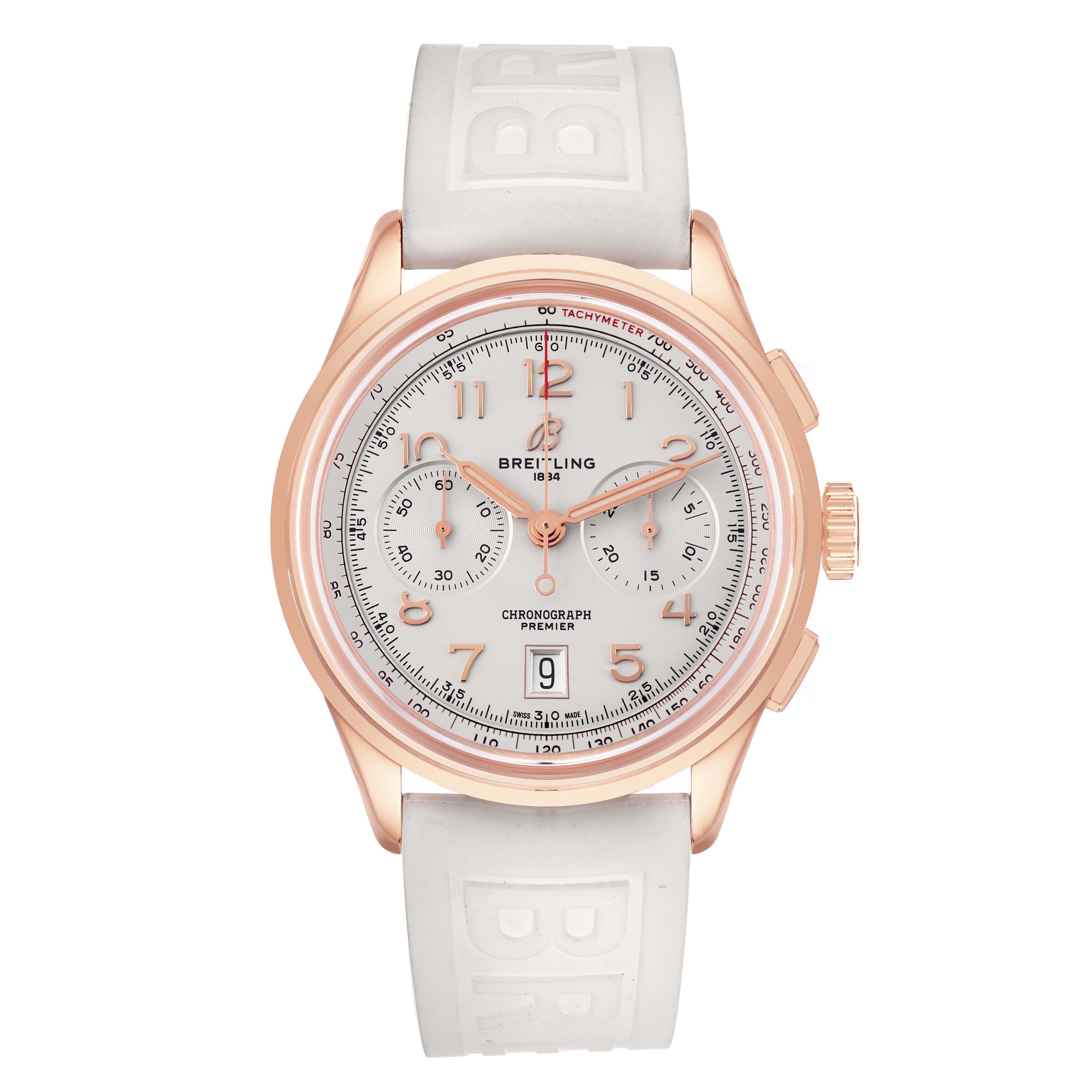 The image shows a front view of the Breitling Premier RB0145371G1R1 Men
s Rose Gold White Dial watch, displaying the face, chronograph dials, and white strap.