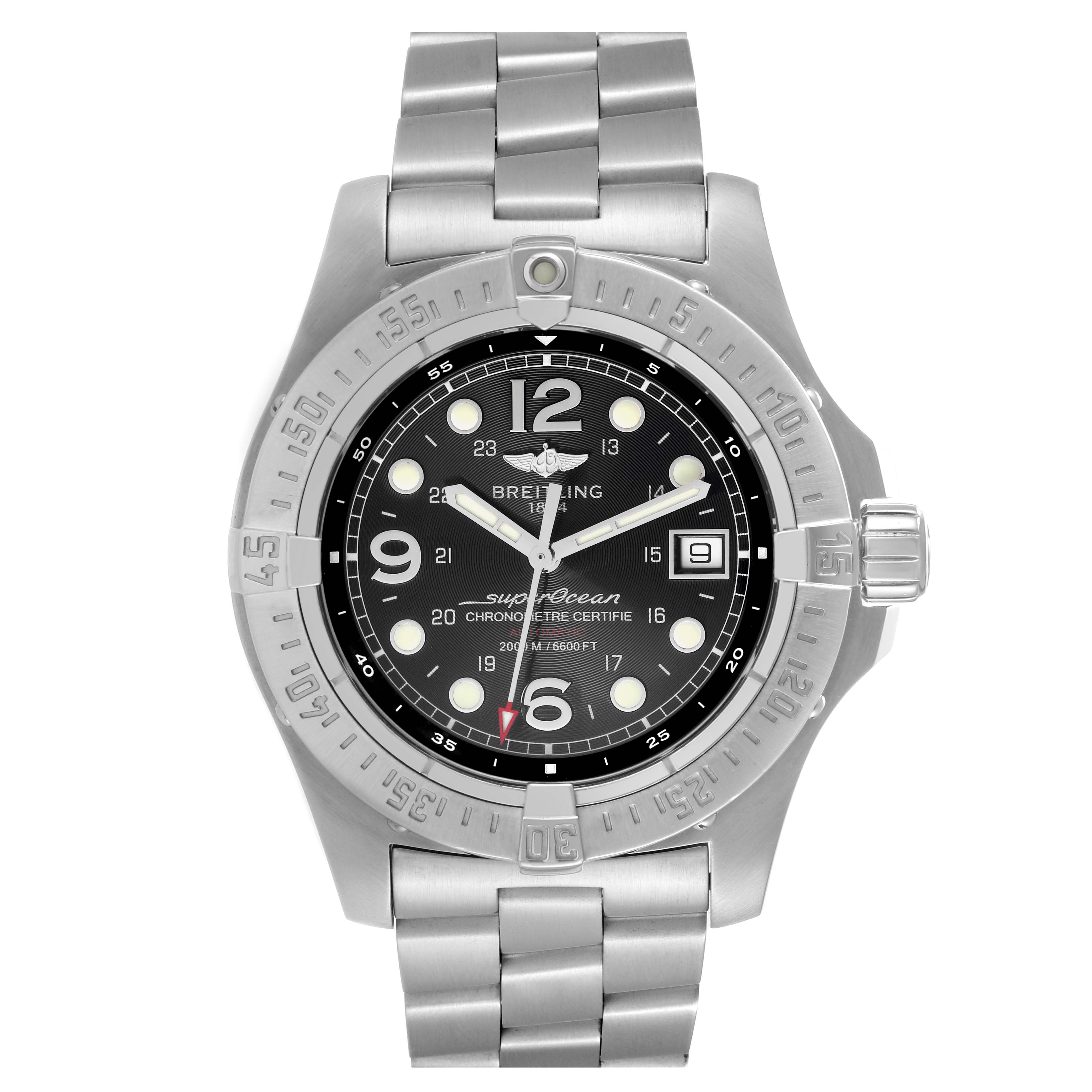 The image shows a front view of the Breitling Superocean A17390 Men's Stainless Steel Black Dial A17390 Men's Stainless Steel Black Dial watch, highlighting its dial, bezel, and metal bracelet.