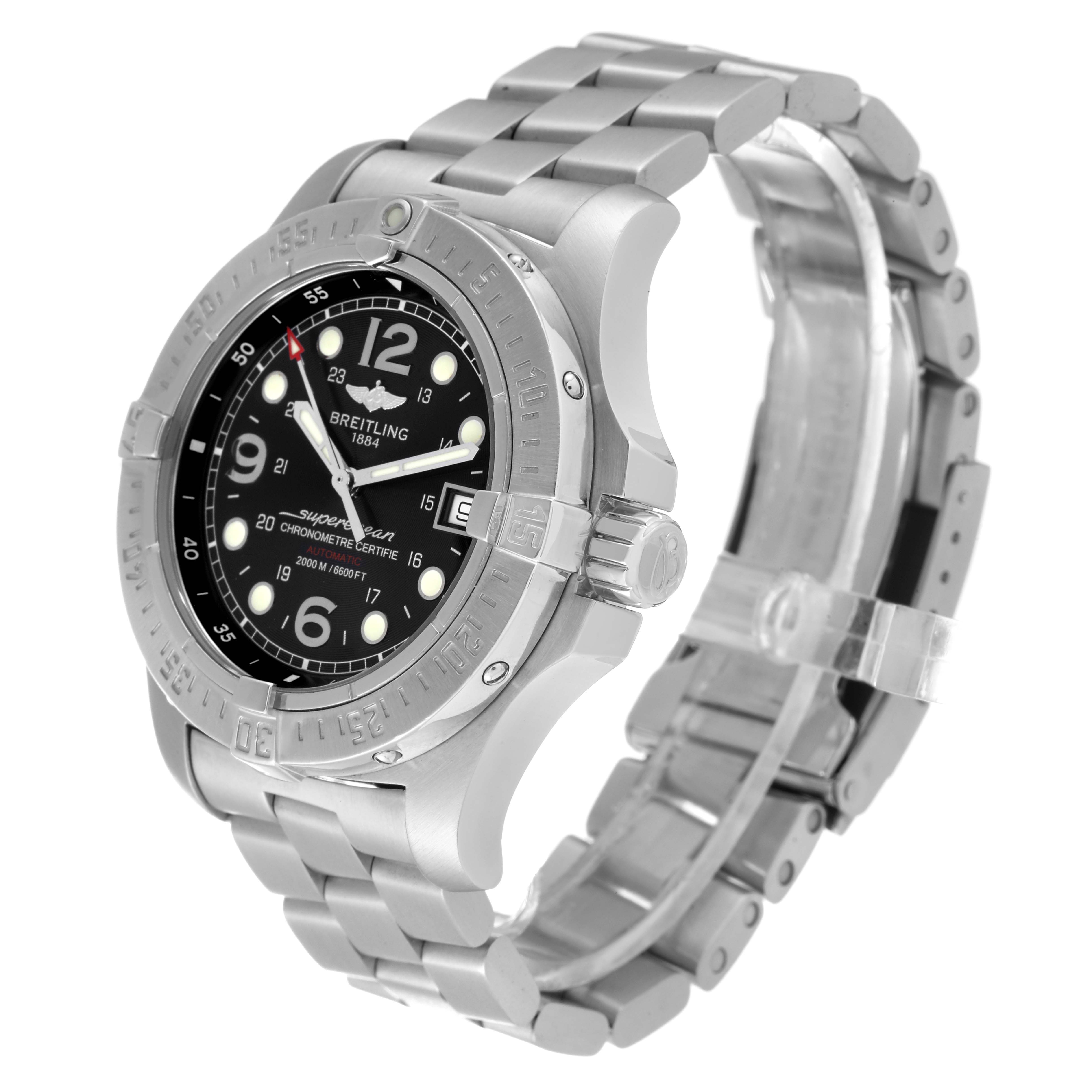 The image shows a Breitling Superocean A17390 Men's Stainless Steel Black Dial A17390 Men's Stainless Steel Black Dial watch at an angle highlighting the dial, bezel, crown, and metal bracelet.