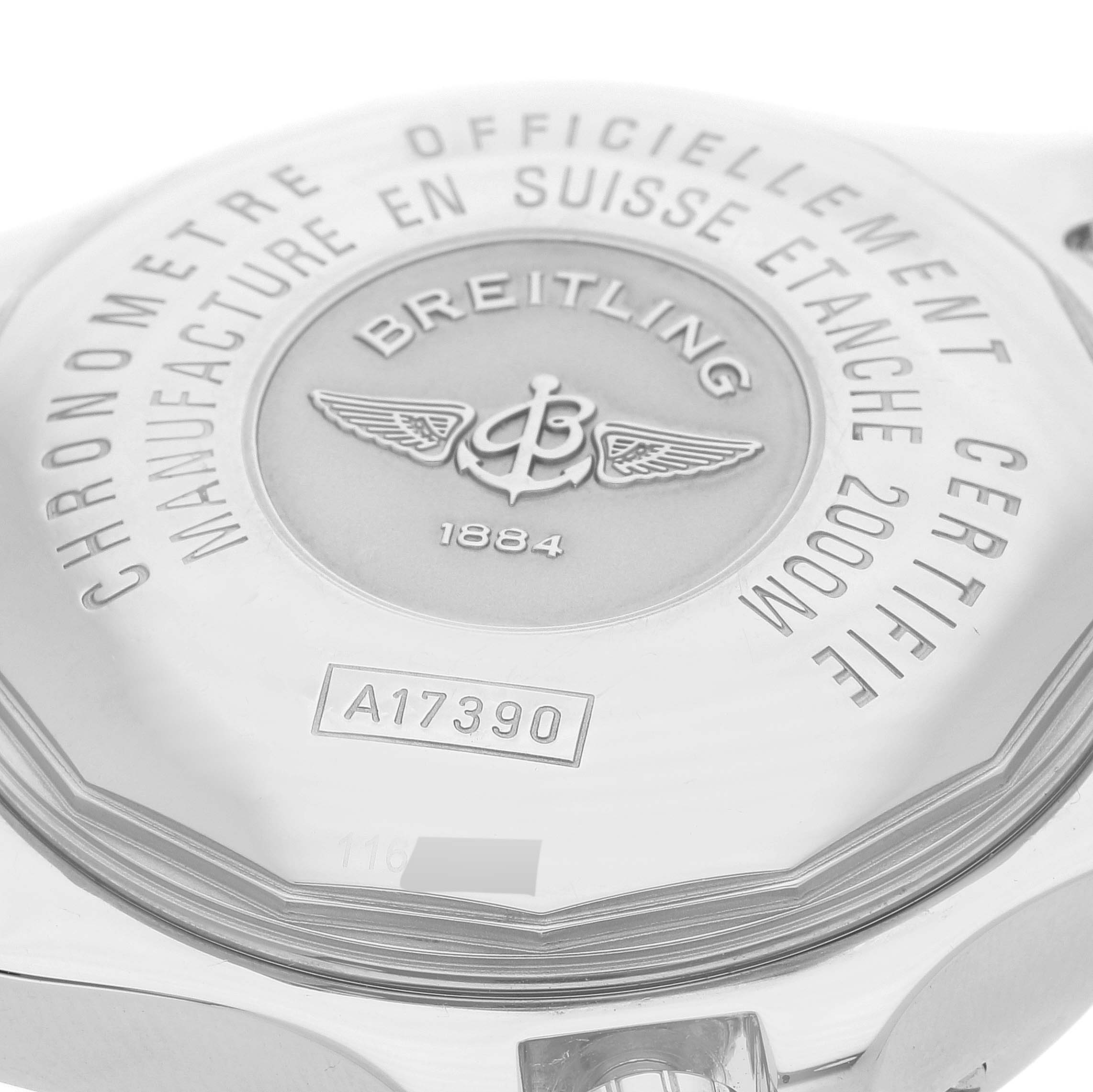 The image shows the back of a Breitling Superocean A17390 Men's Stainless Steel Black Dial A17390 Men's Stainless Steel Black Dial watch, detailing its certification and water resistance level.