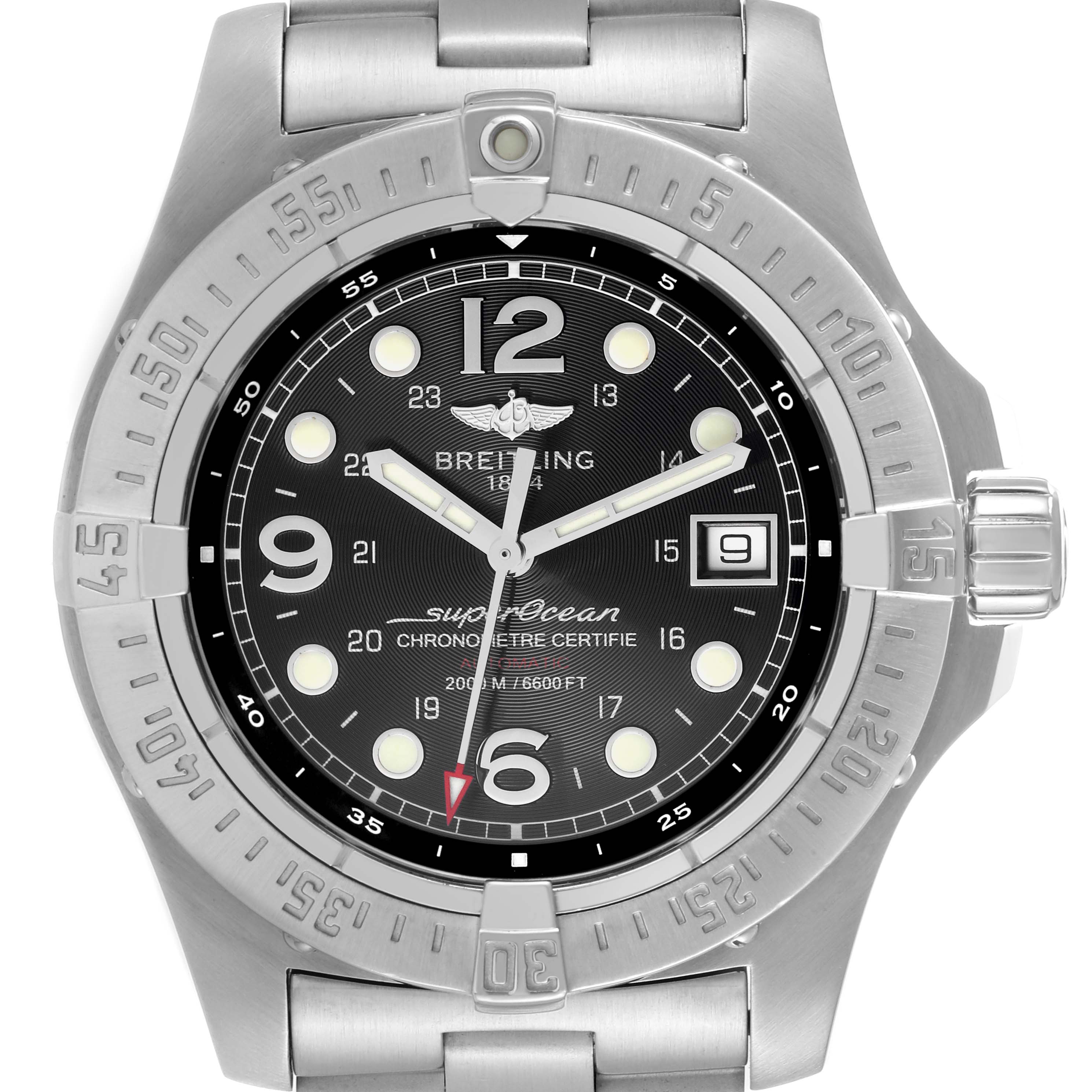 The image shows a front view of a Breitling Superocean A17390 Men's Stainless Steel Black Dial A17390 Men's Stainless Steel Black Dial watch, detailing the dial, bezel, bracelet, and crown.