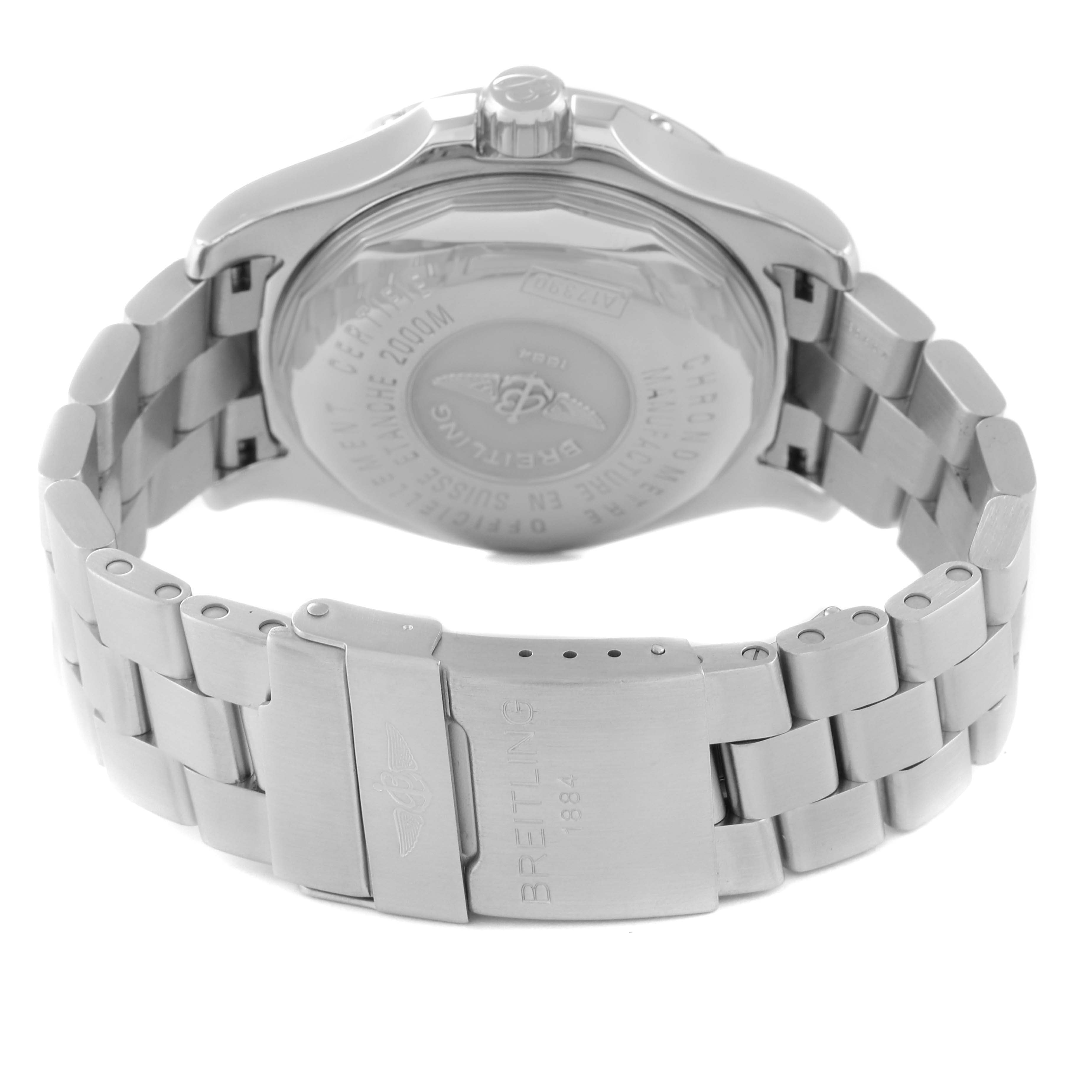 The image shows the back view of a Breitling Superocean A17390 Men's Stainless Steel Black Dial A17390 Men's Stainless Steel Black Dial watch, highlighting the case back and metal bracelet with the clasp.