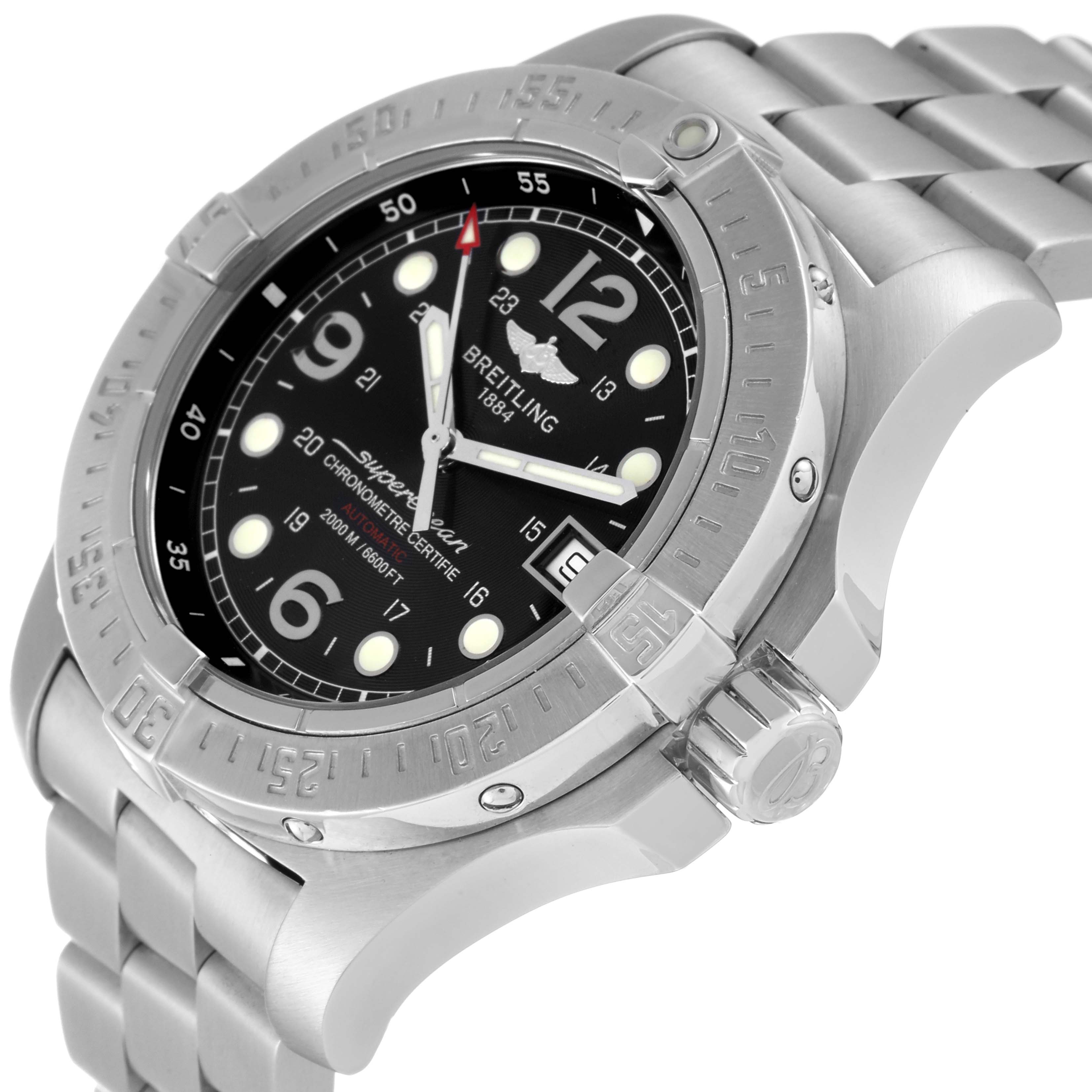 This image shows a close-up side angle of a Breitling Superocean A17390 Men's Stainless Steel Black Dial A17390 Men's Stainless Steel Black Dial watch, focusing on the dial, bezel, and part of the bracelet.