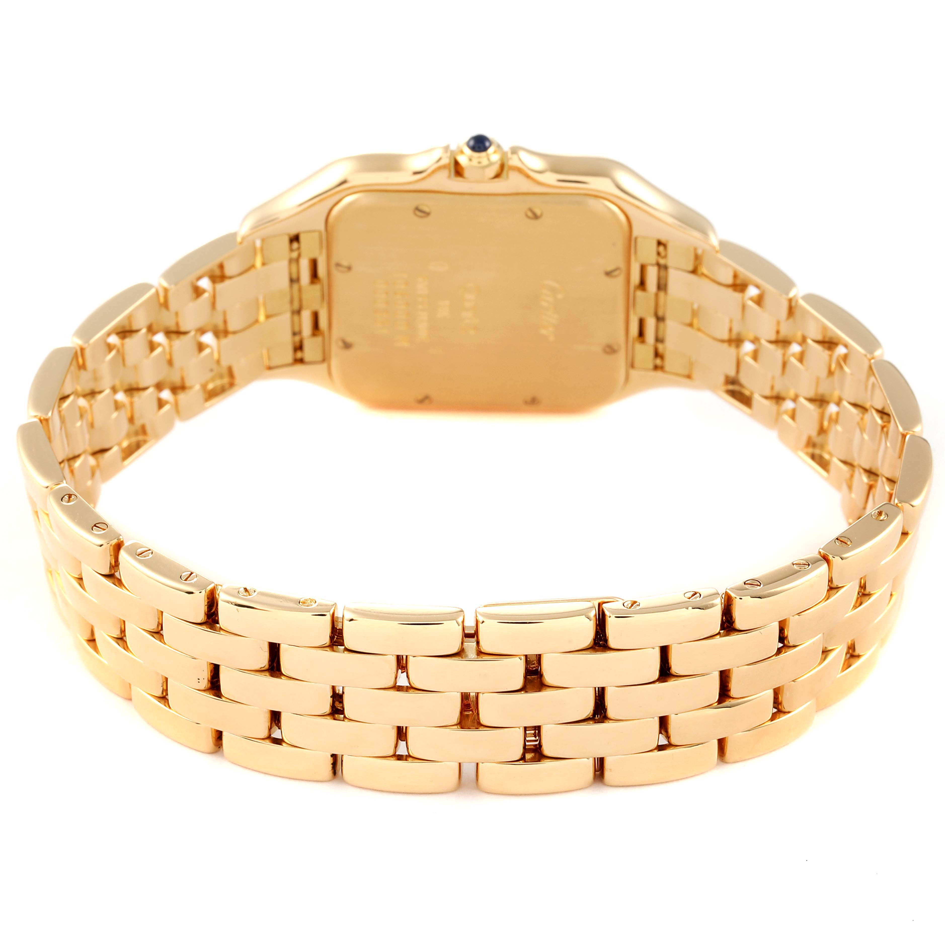 The image shows the back view of the Panthere model by Cartier, highlighting its gold bracelet and case back.