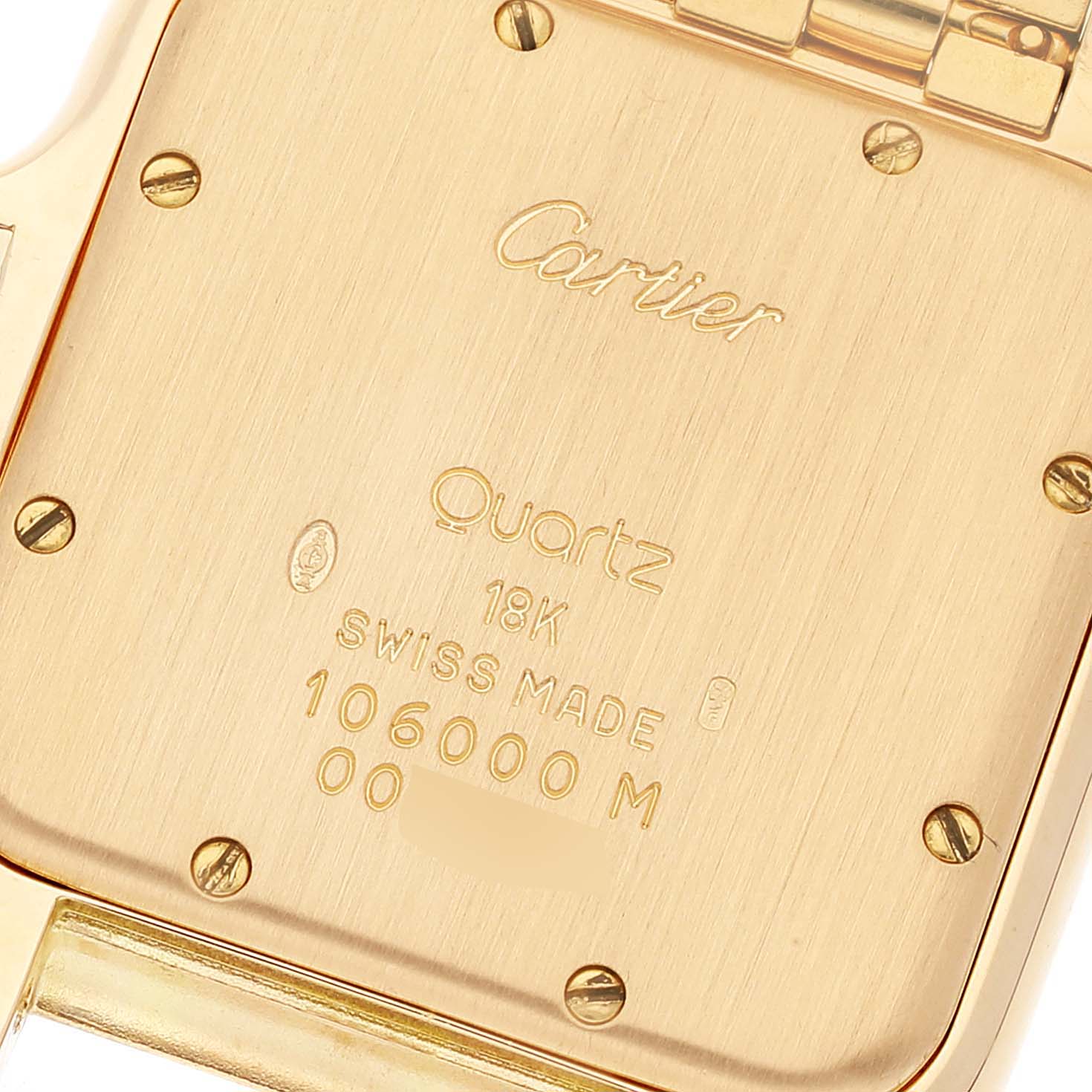 The image shows the case back of a Cartier Panthere W25014B9 Men's Yellow Gold Silver Dial W25014B9 Men's Yellow Gold Silver Dial watch, highlighting the model information and screws.