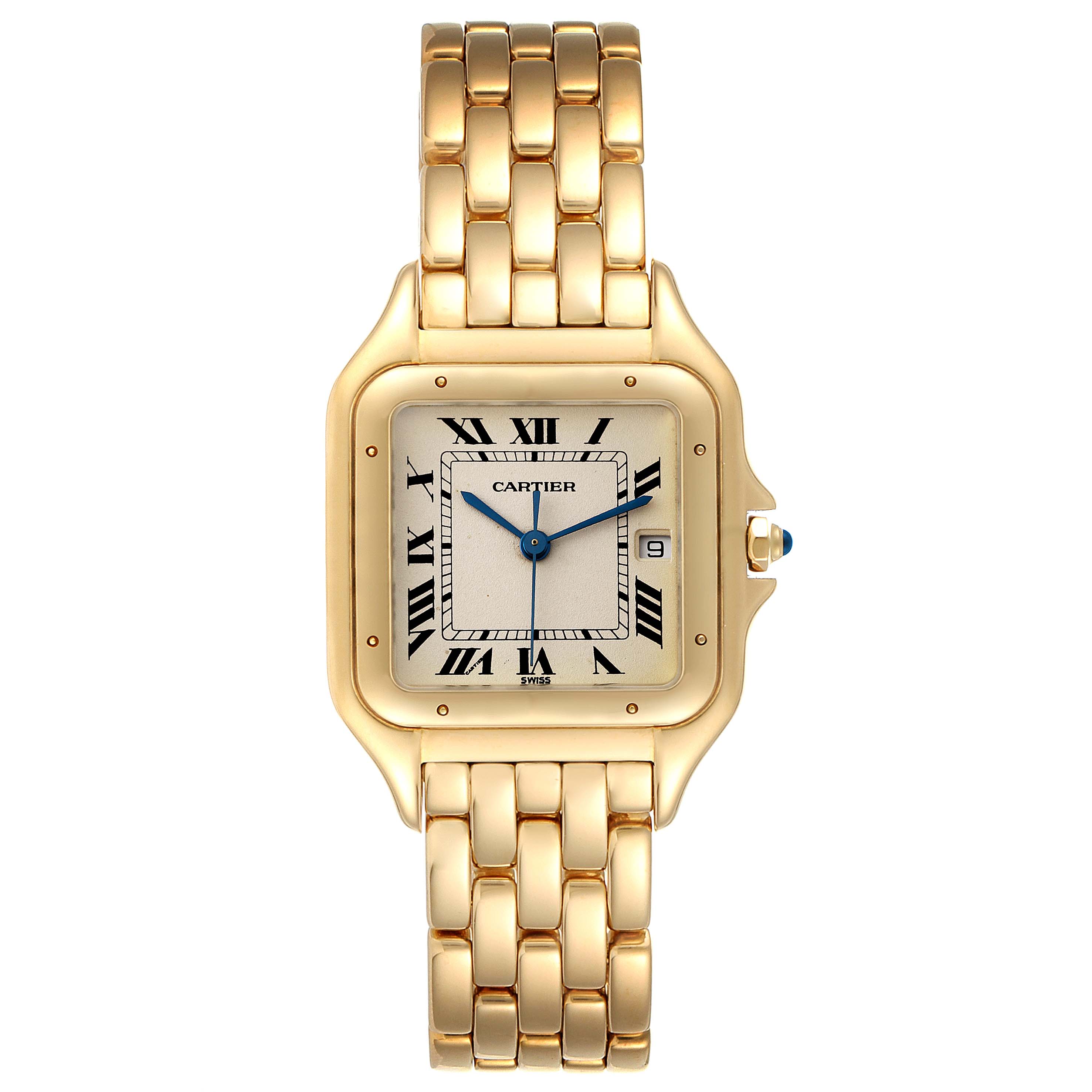 The image shows a frontal view of the Cartier Panthere W25014B9 Men's Yellow Gold Silver Dial W25014B9 Men's Yellow Gold Silver Dial watch, highlighting its face, bezel, and linked bracelet.