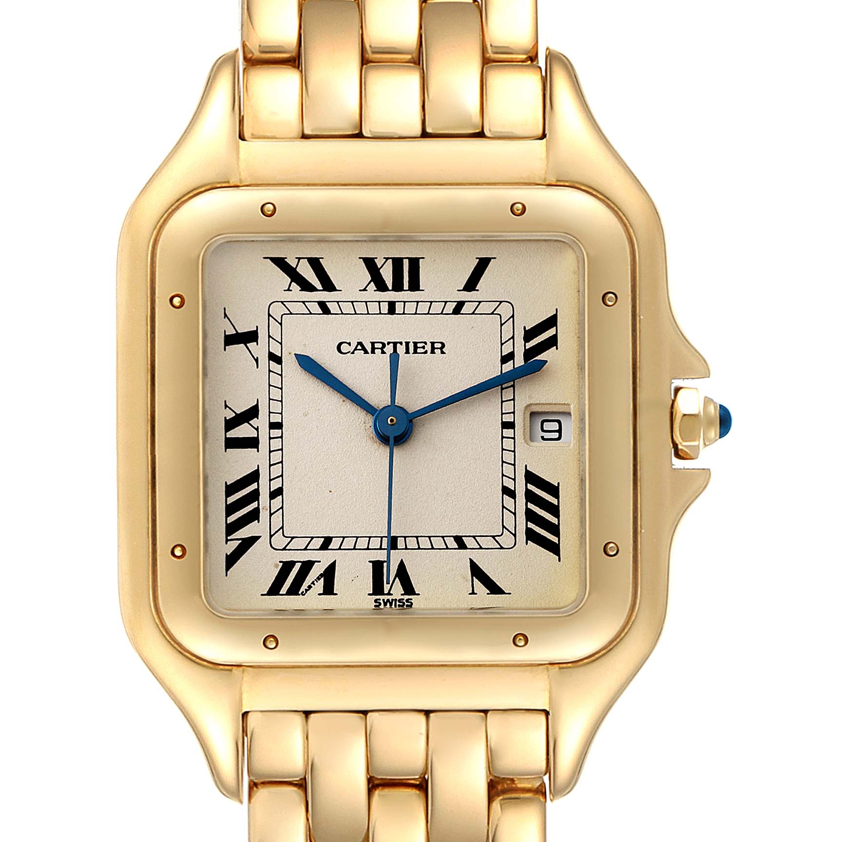 The image shows a frontal view of the Panthere model by Cartier, featuring its face, bezel, crown, and part of the bracelet.