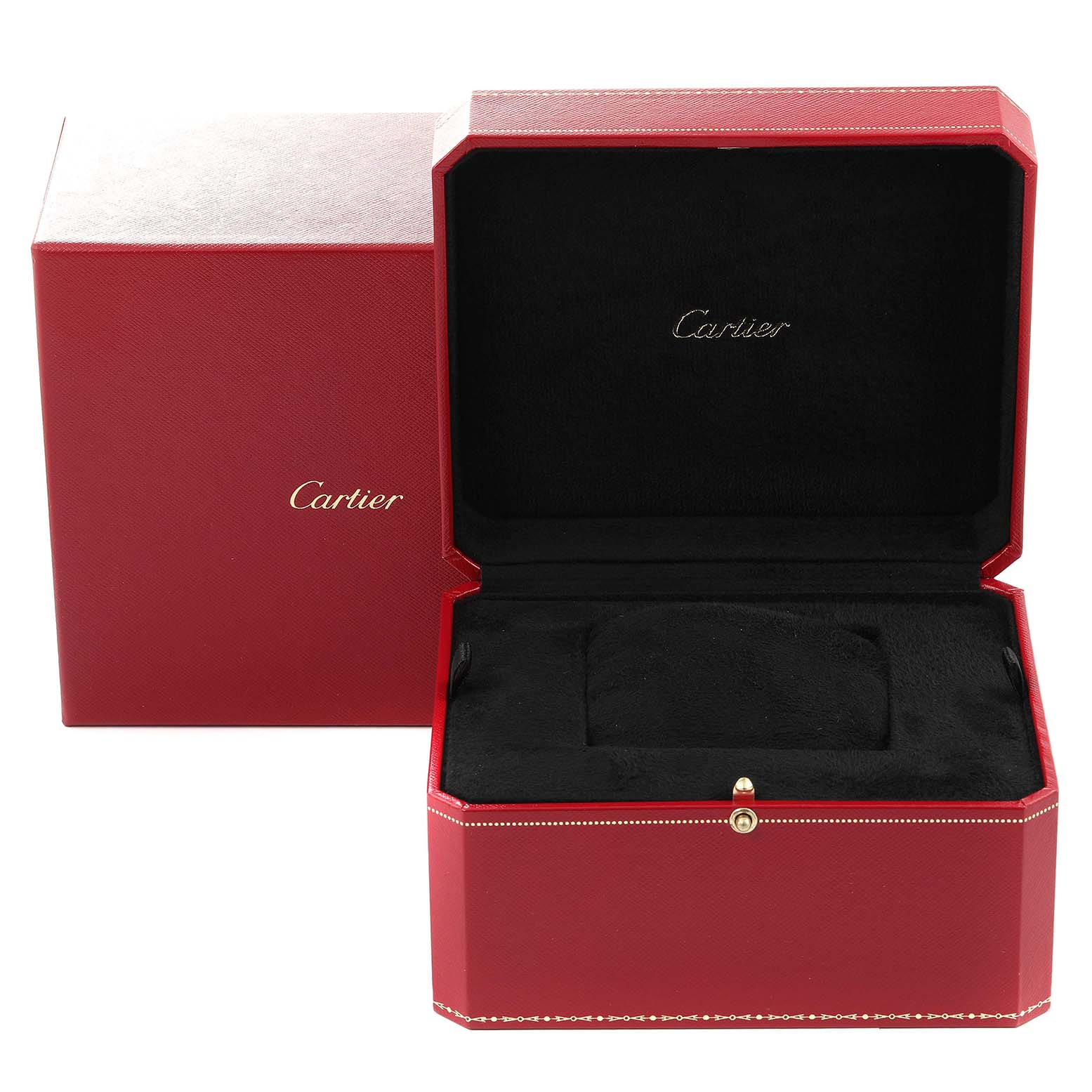 The image shows an open red Cartier box designed for the Panthere model watch.