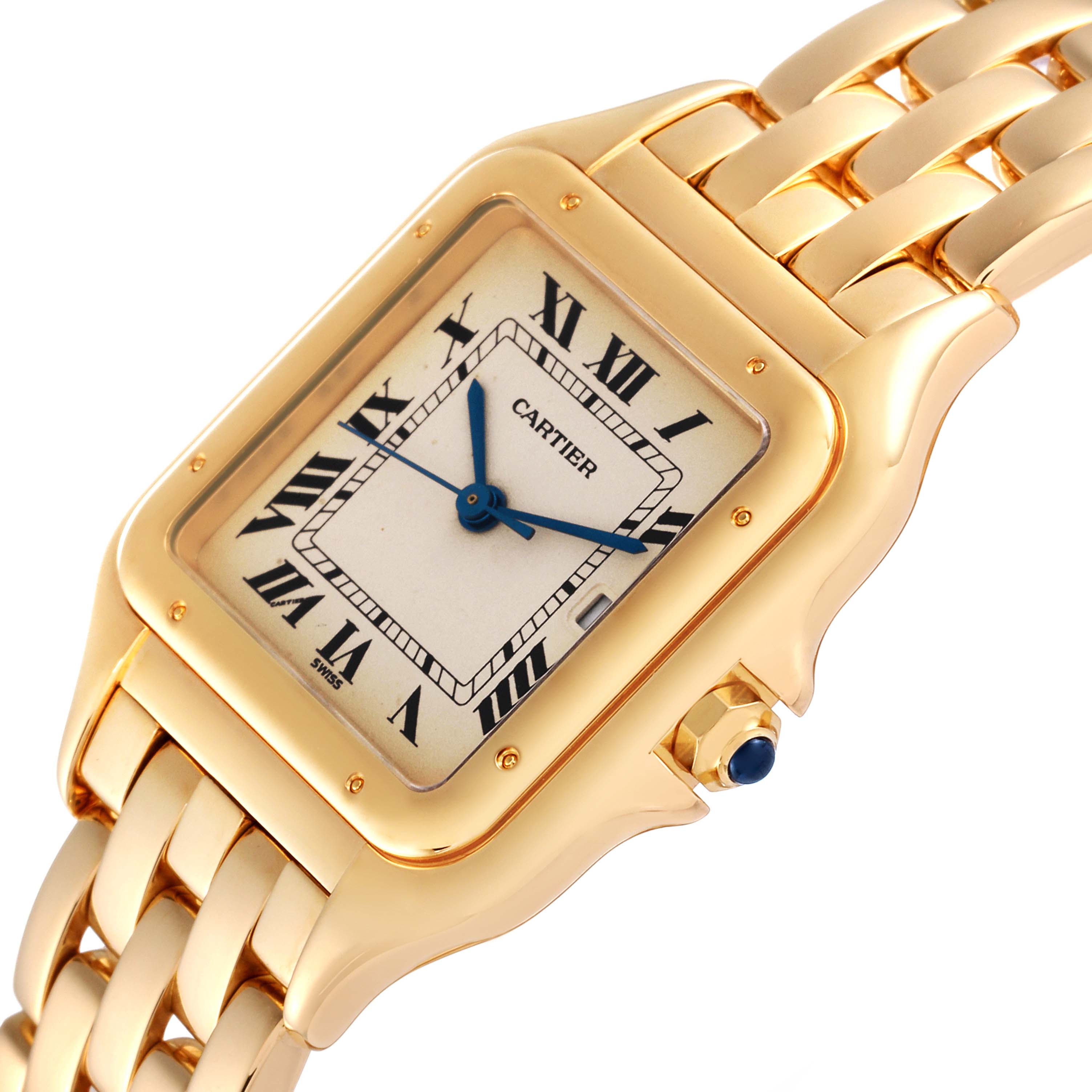 This image shows a close-up angle of the Cartier Panthere W25014B9 Men's Yellow Gold Silver Dial W25014B9 Men's Yellow Gold Silver Dial watch, highlighting the face, bezel, case, and part of the bracelet.