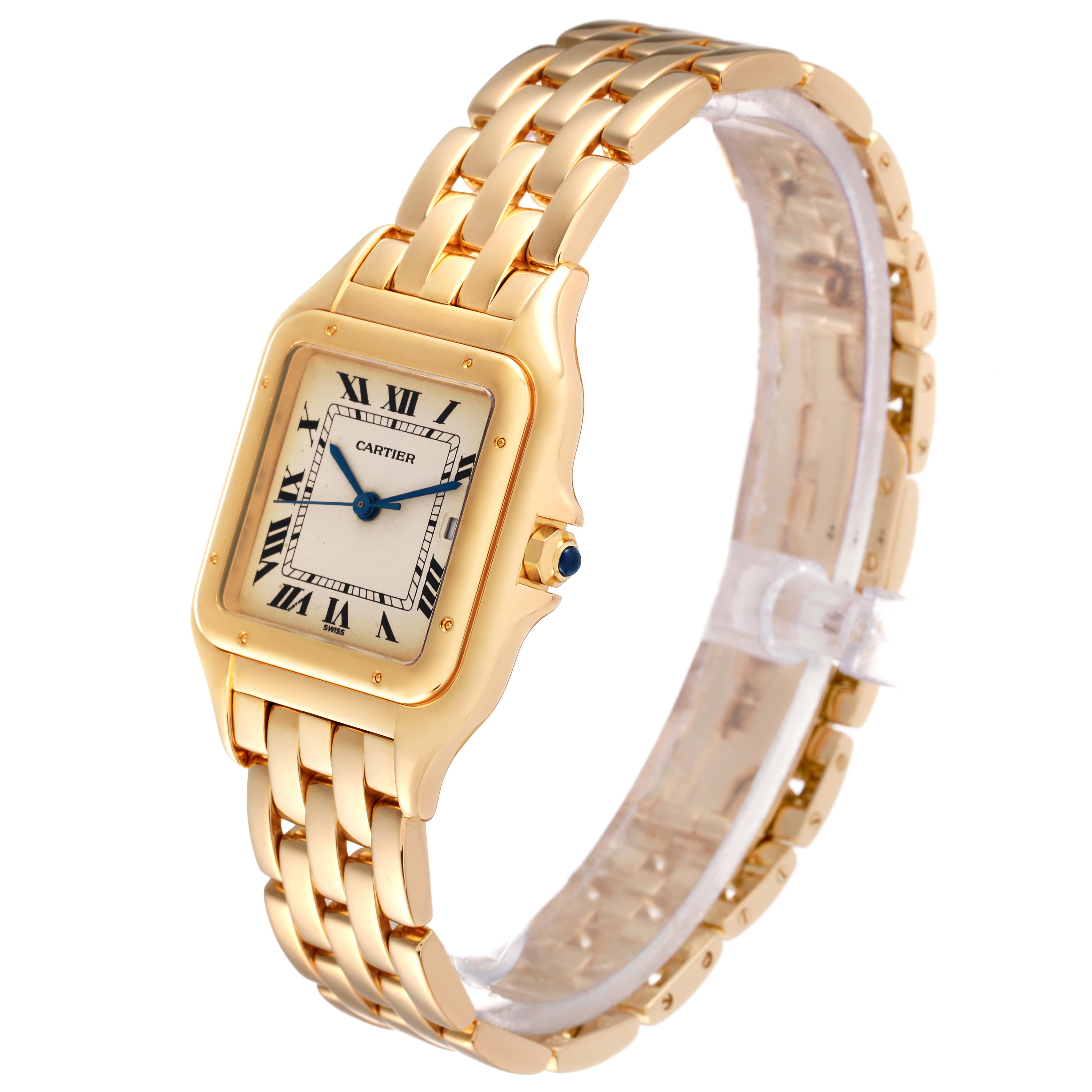 The image shows a Cartier Panthere W25014B9 Men's Yellow Gold Silver Dial W25014B9 Men's Yellow Gold Silver Dial wristwatch at a slight angle, highlighting the face, bezel, crown, and bracelet.