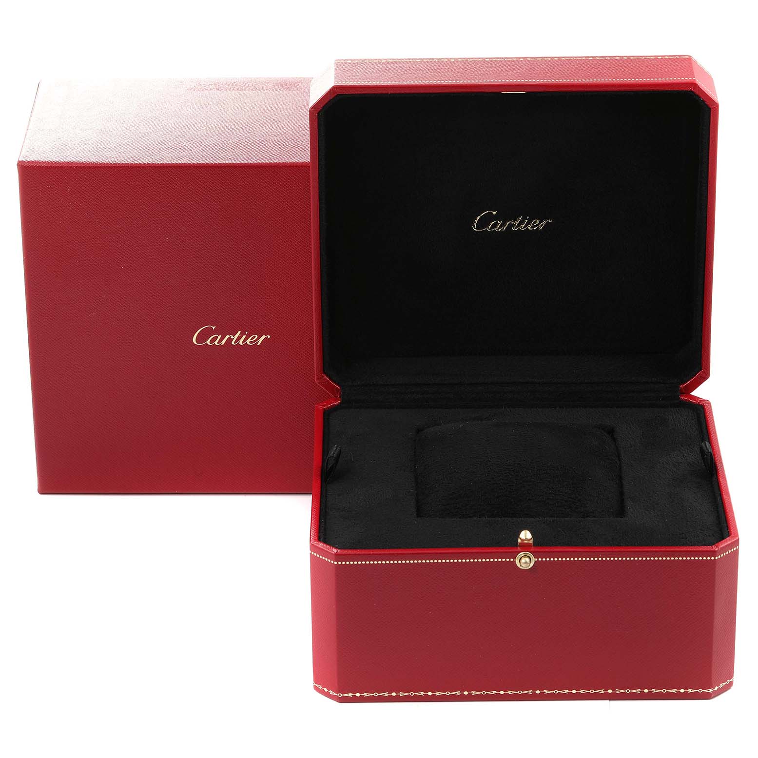 The image shows a Cartier Panthere 1070 Women's Yellow Gold Silver Dial 1070 Women's Yellow Gold Silver Dial watch box from the front, with the lid open and the outer box visible.