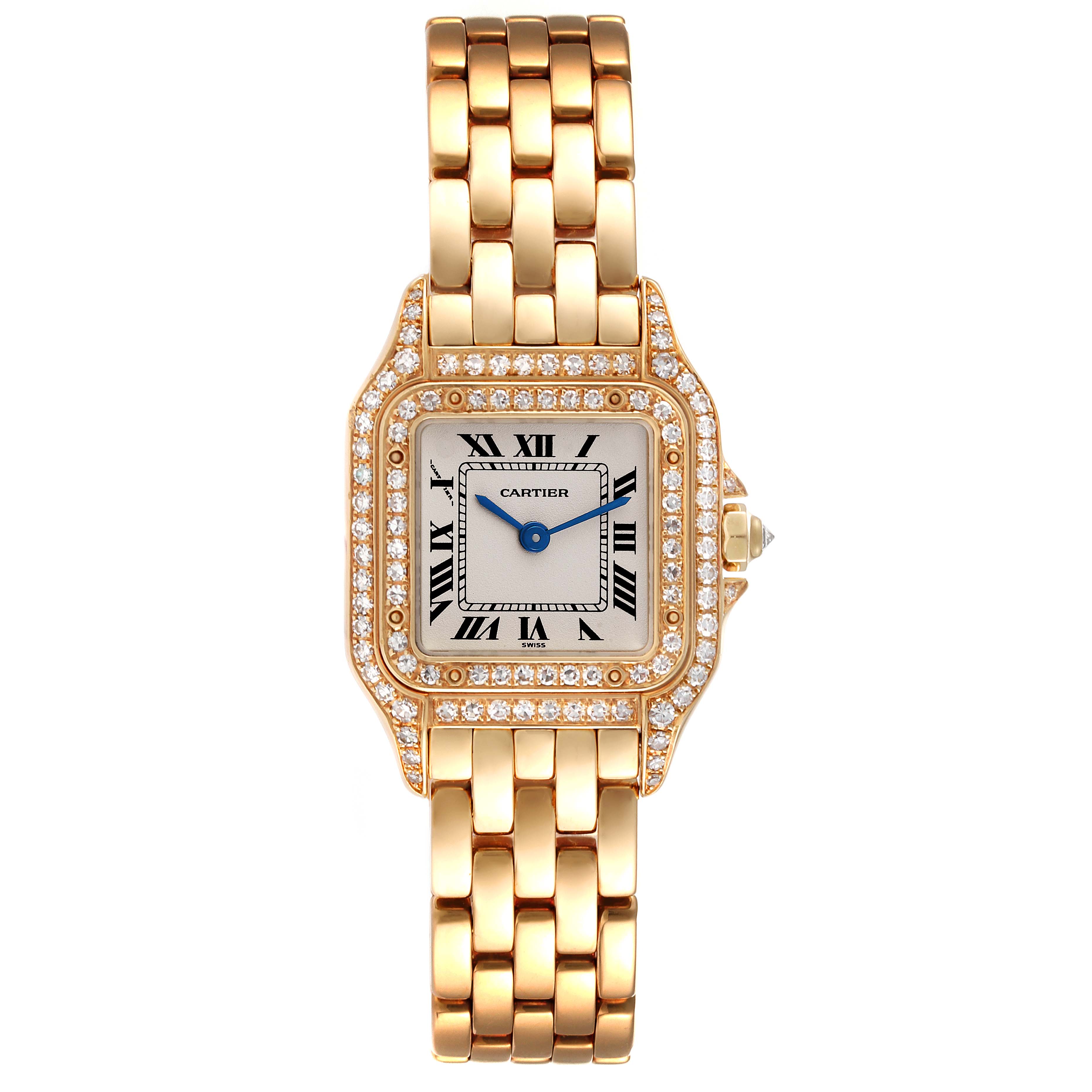 The Cartier Panthère model watch is shown from the front, highlighting its gold bracelet, diamond-set bezel, and square face with Roman numerals.