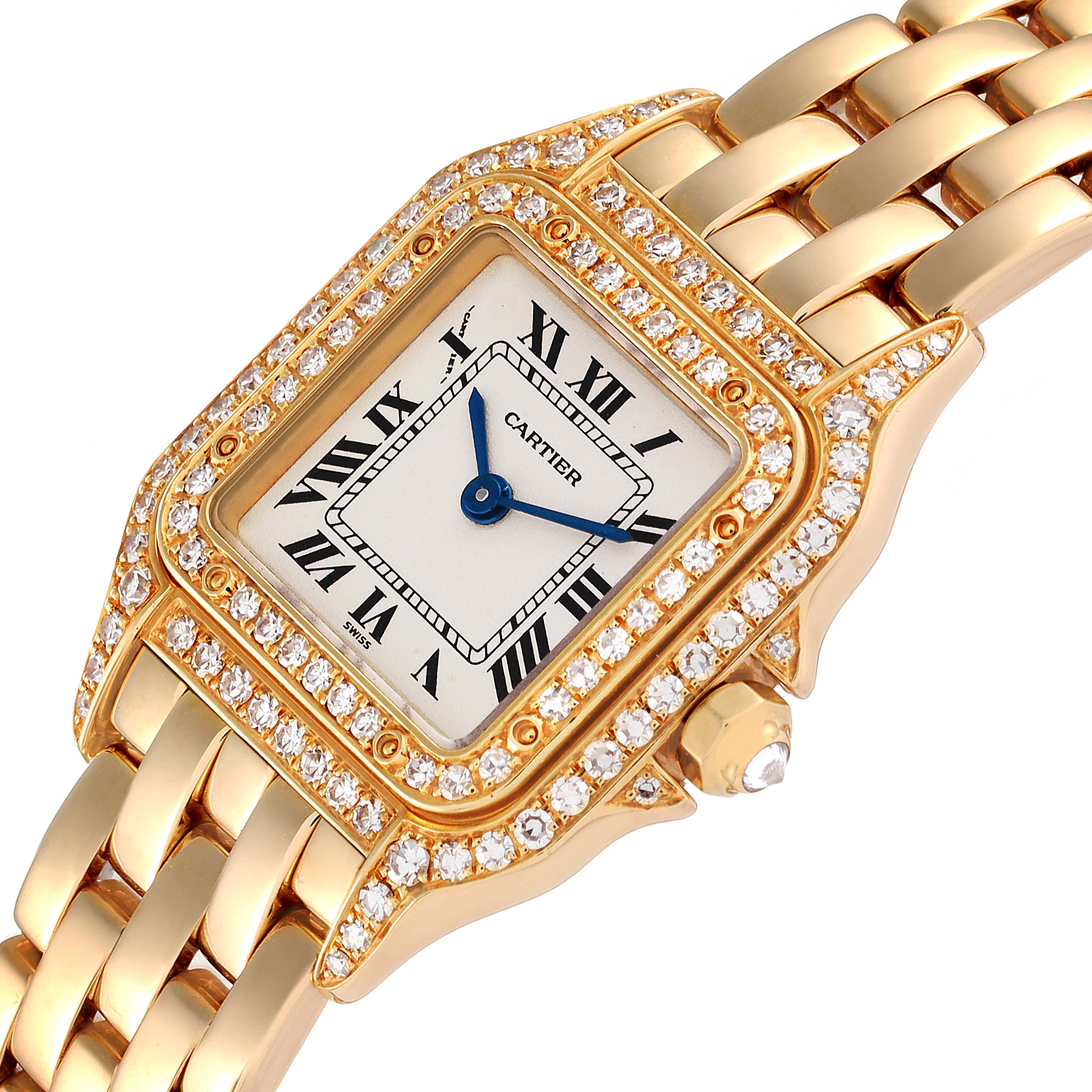 The image shows a close-up angle of the Cartier Panthère watch, highlighting its gold case, diamond bezel, and bracelet.