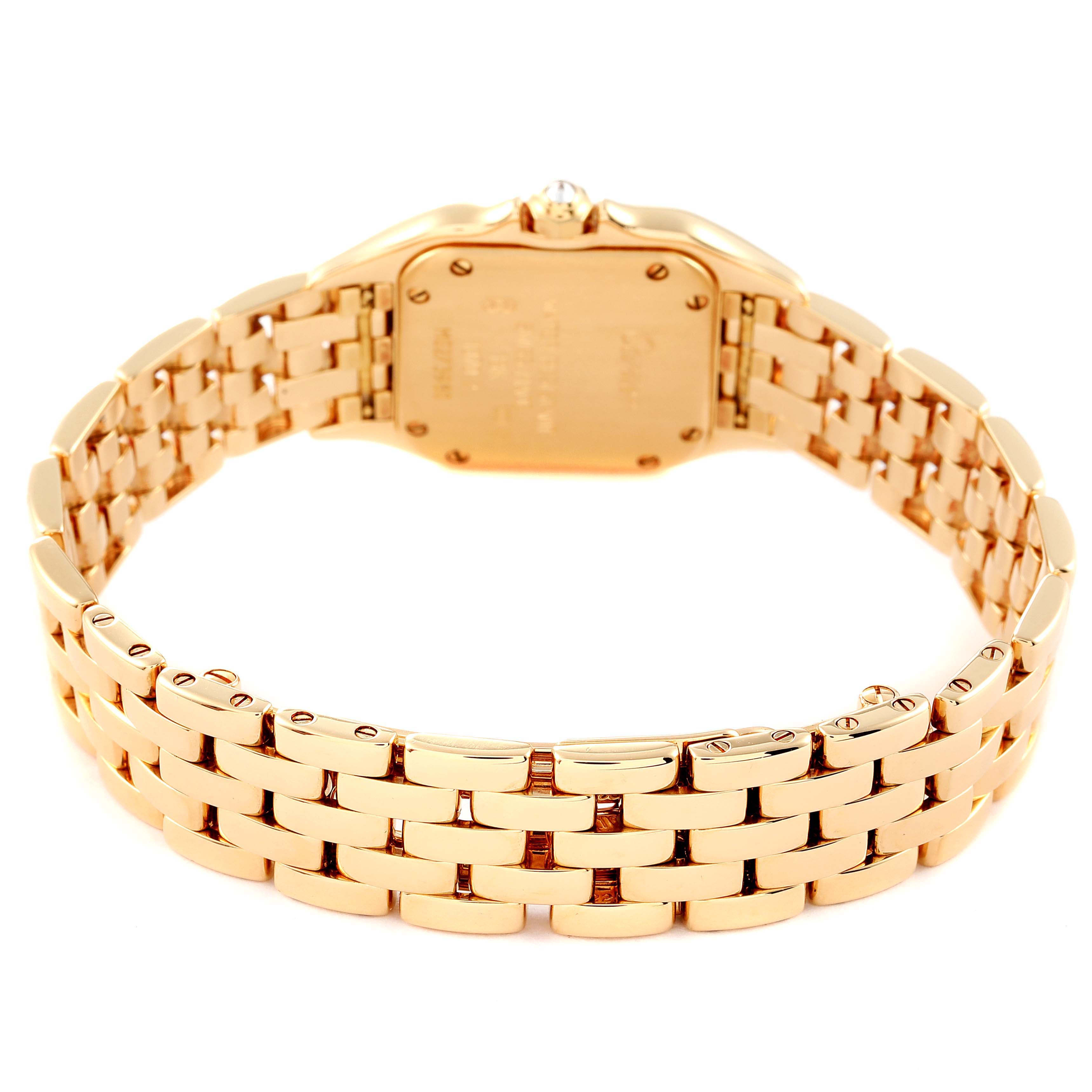 The image shows the back view of the Panthere model by Cartier, highlighting the bracelet and case back.