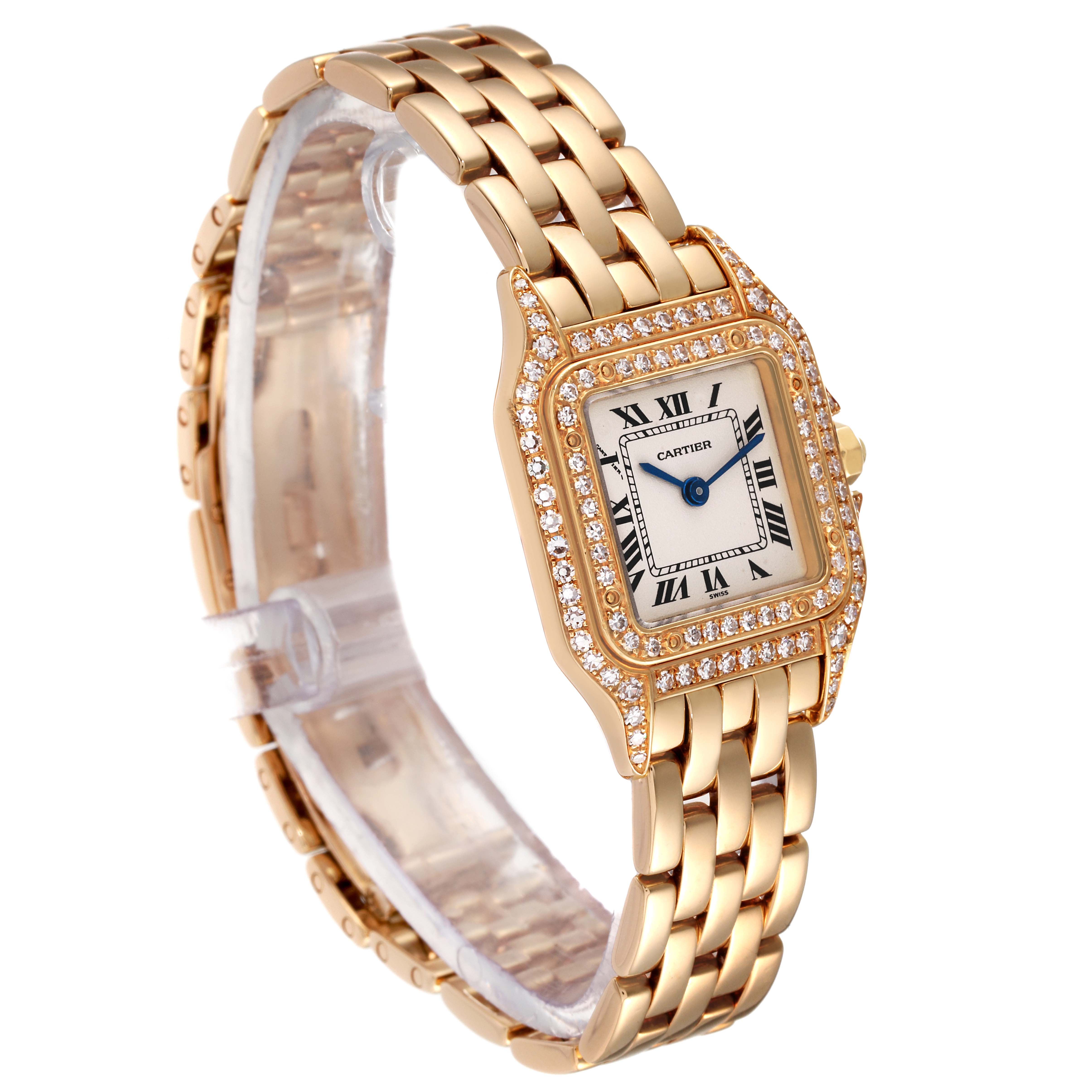 The image shows a Cartier Panthere 1070 Women's Yellow Gold Silver Dial 1070 Women's Yellow Gold Silver Dial watch at an angled view, highlighting its gold bracelet and diamond-set bezel.