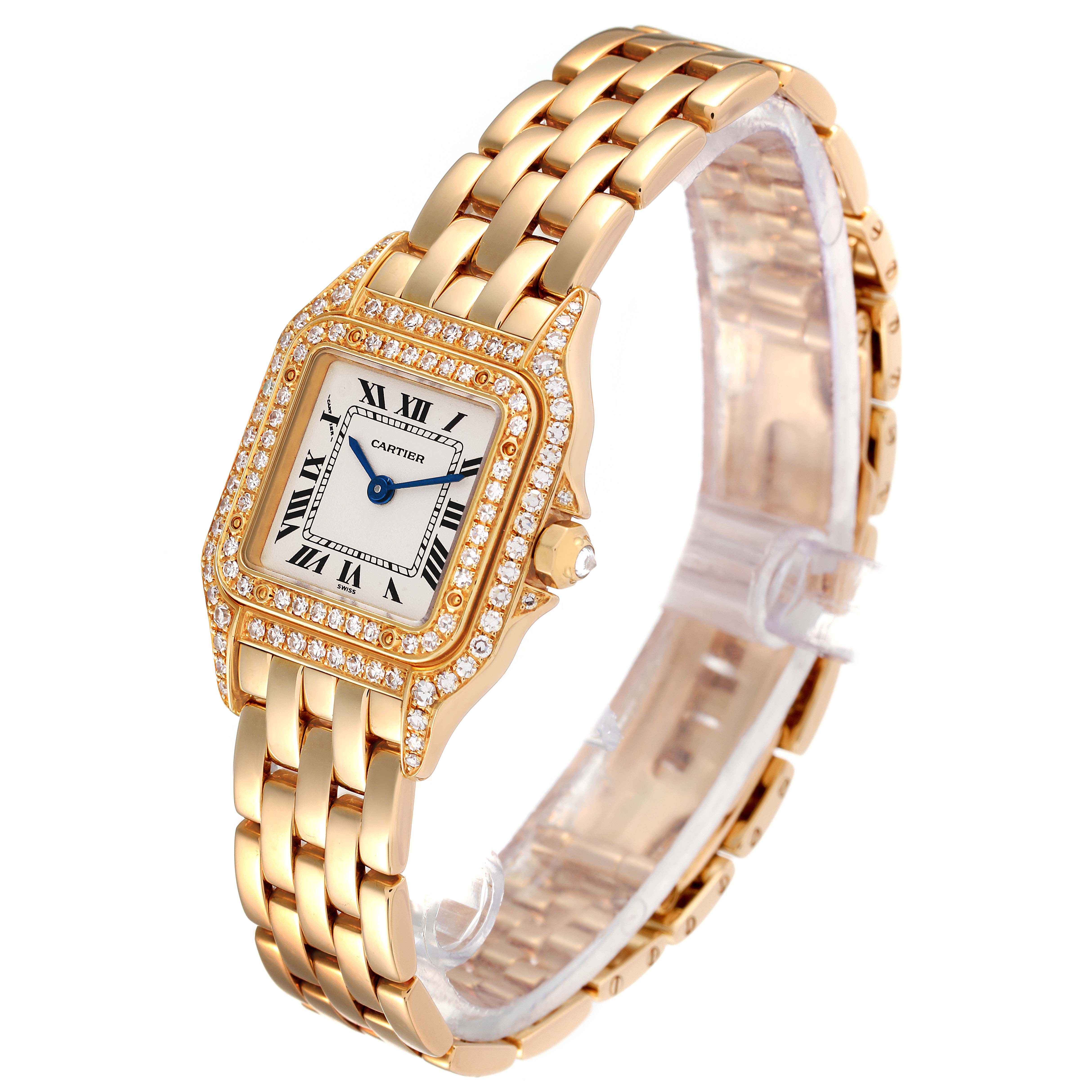 The image shows a Cartier Panthere 1070 Women's Yellow Gold Silver Dial 1070 Women's Yellow Gold Silver Dial model watch angled to display the face, bezel, and bracelet.