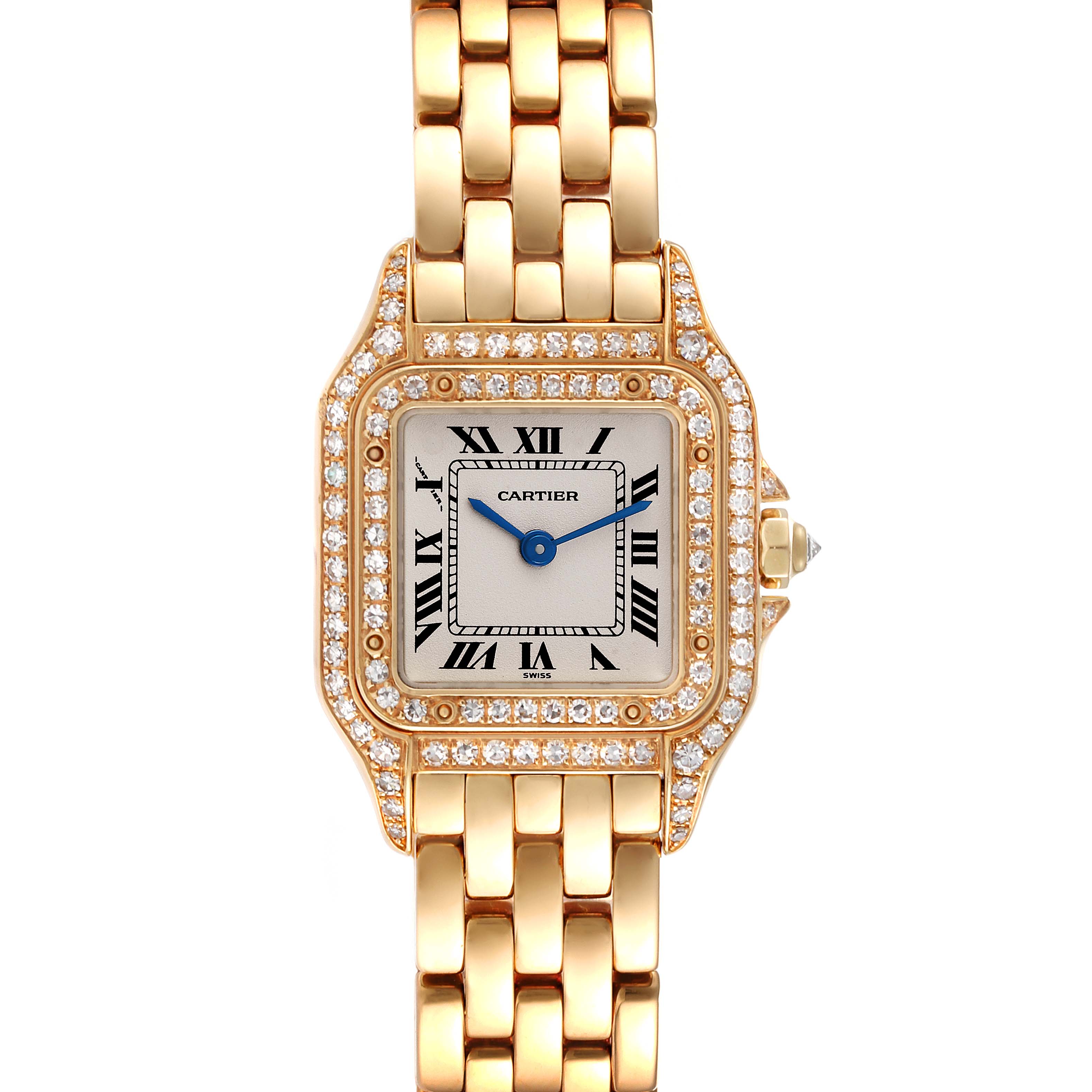 This image shows a front view of the Cartier Panthere 1070 Women's Yellow Gold Silver Dial 1070 Women's Yellow Gold Silver Dial model watch, highlighting its gold bracelet and diamond-encrusted bezel.