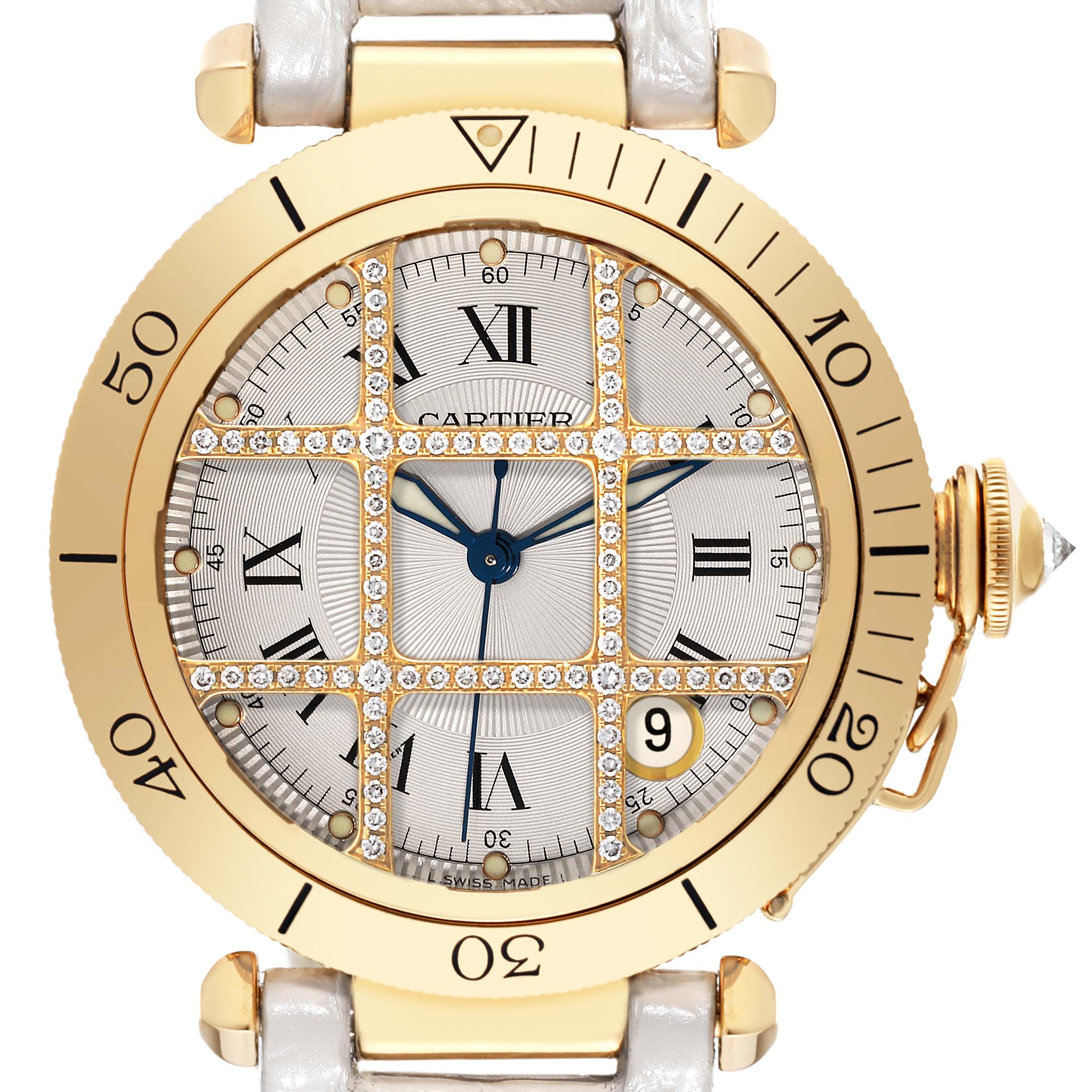 The image shows a front view of a Cartier Pasha 1023 Men's Yellow Gold Silver Dial 1023 Men's Yellow Gold Silver Dial watch, highlighting its diamond-studded face, Roman numerals, and gold bezel.