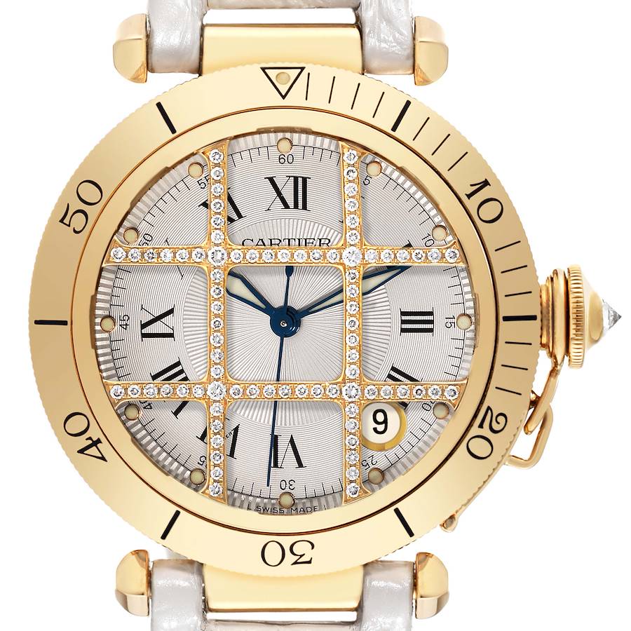 Cartier Pasha Grid 38 Yellow Gold Diamond Silver Dial Mens Watch 1023 SwissWatchExpo