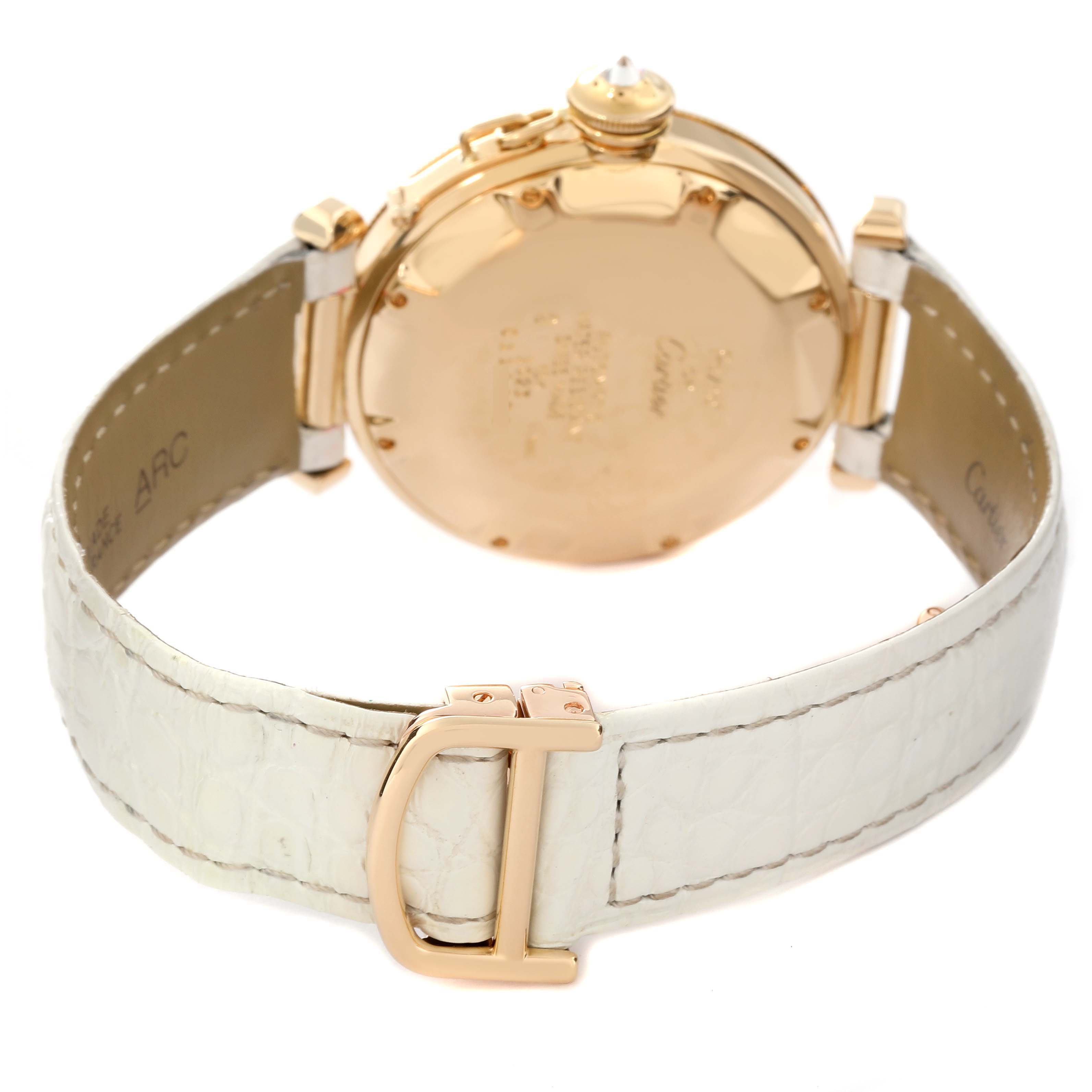 The image shows the back view of a Cartier Pasha 1023 Men's Yellow Gold Silver Dial 1023 Men's Yellow Gold Silver Dial watch, highlighting the case back, strap, and clasp.