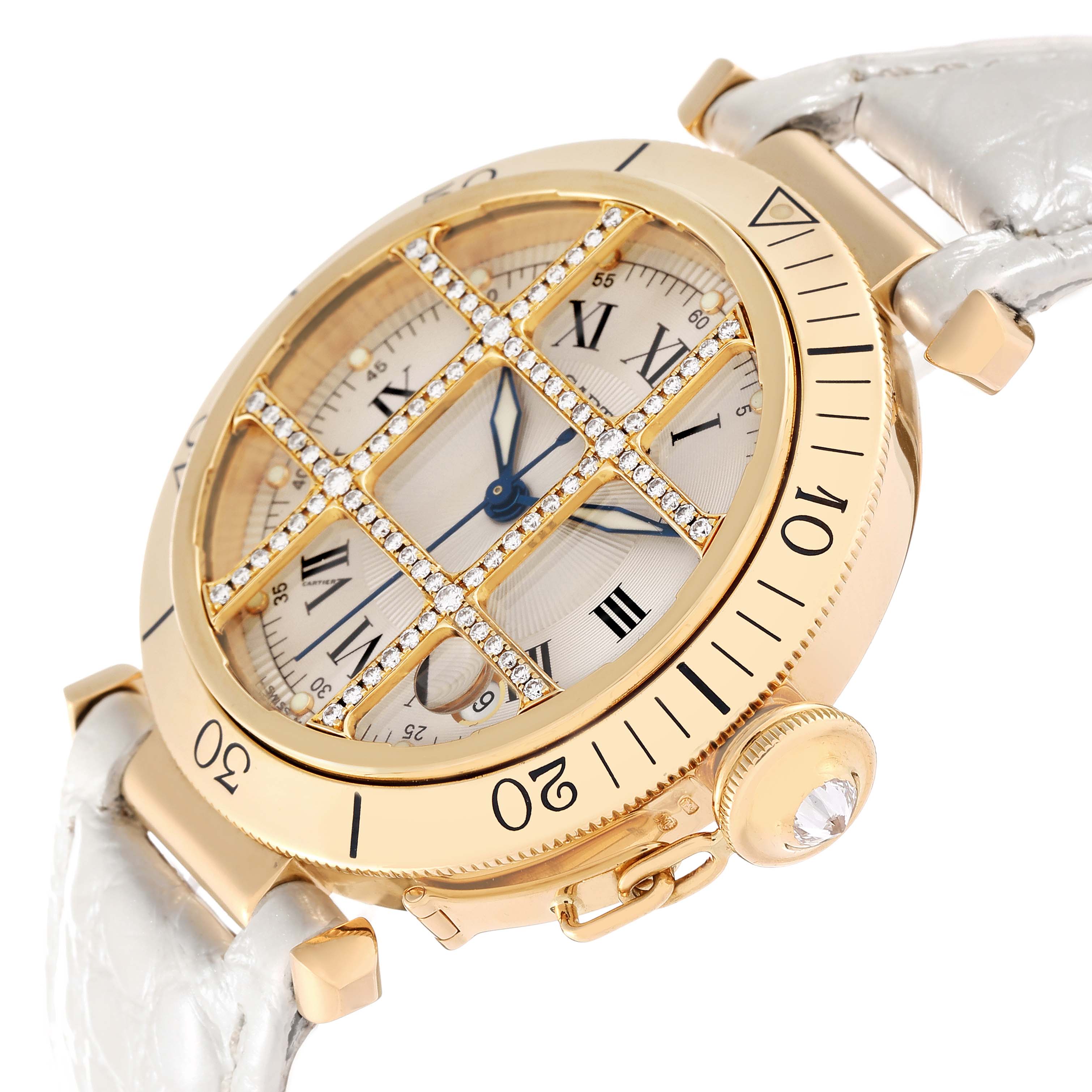 This Cartier Pasha 1023 Men's Yellow Gold Silver Dial 1023 Men's Yellow Gold Silver Dial watch is shown in a close-up, angled view highlighting its face, bezel, and crown with a white leather strap.