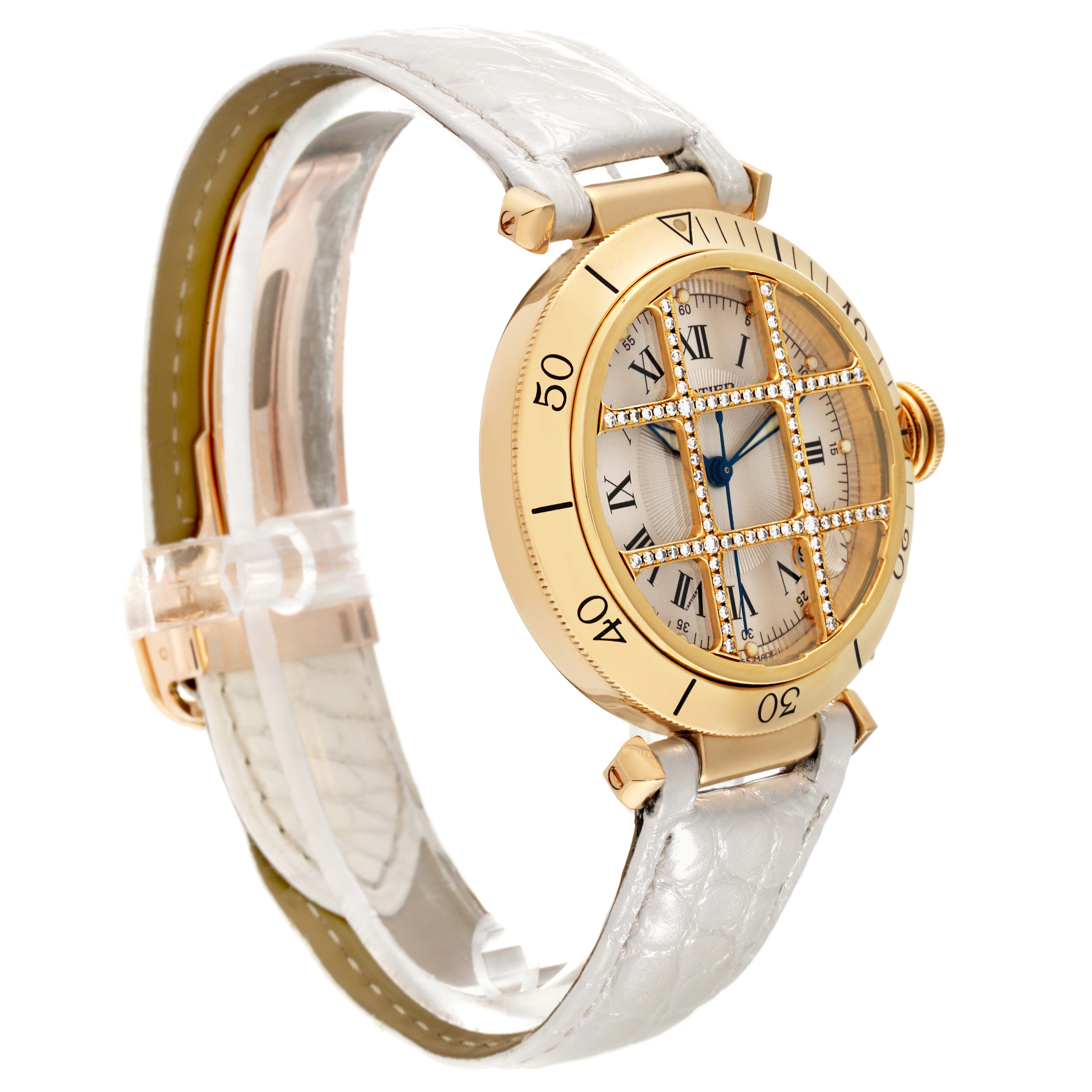 The image shows a side angle of the Cartier Pasha 1023 Men's Yellow Gold Silver Dial 1023 Men's Yellow Gold Silver Dial watch, highlighting its gold case, grid detail, dial, and white leather strap.
