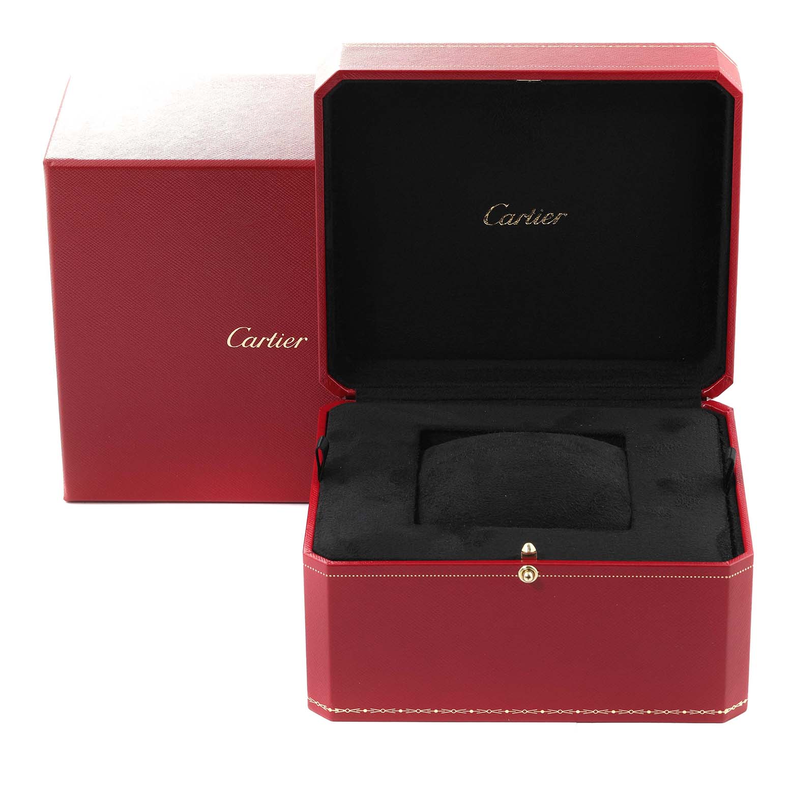 The image shows a red Cartier box for the Pasha model watch, with the box open to reveal a black interior.
