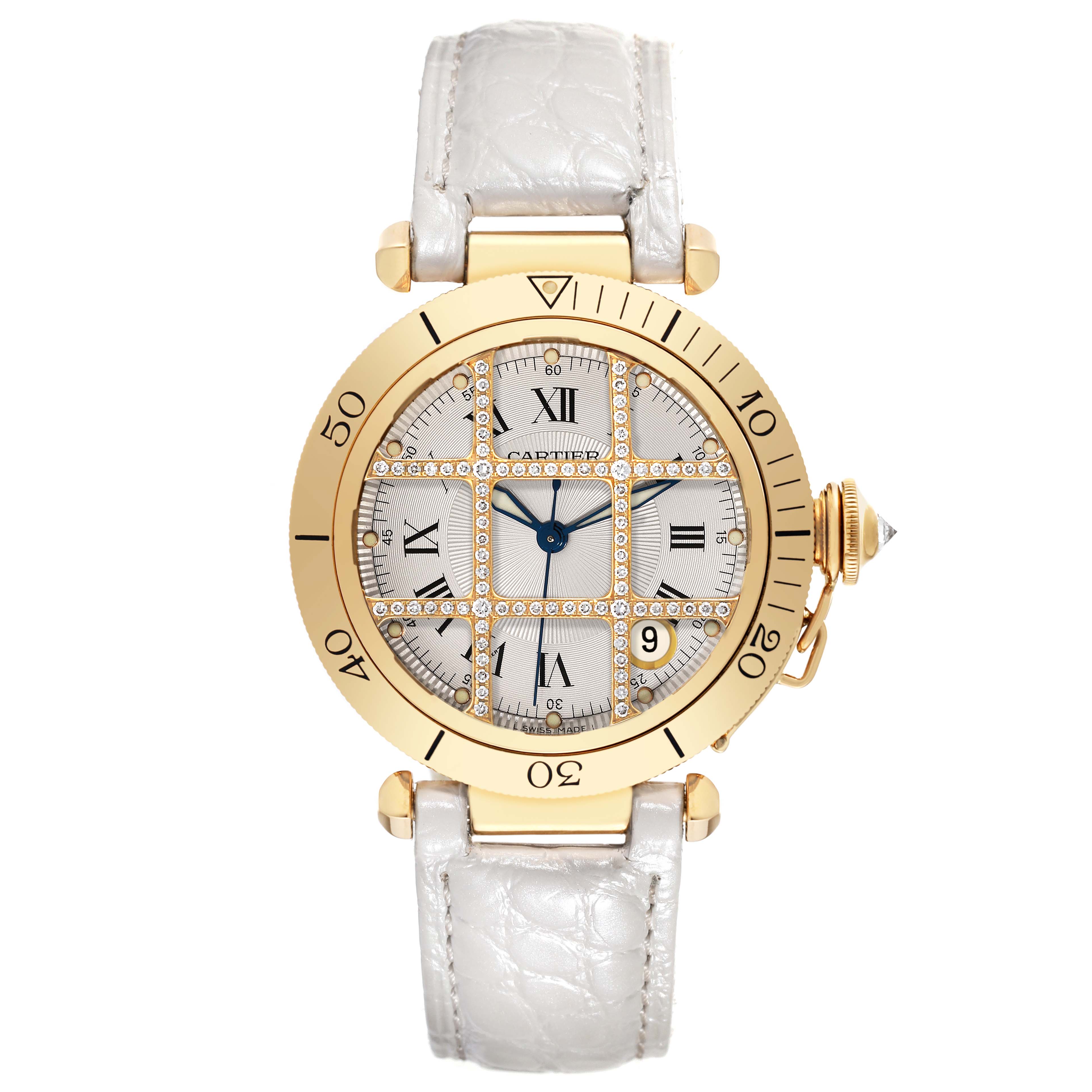 The image shows a front view of a Cartier Pasha 1023 Men's Yellow Gold Silver Dial 1023 Men's Yellow Gold Silver Dial watch, displaying the dial, bezel, crown, and strap.