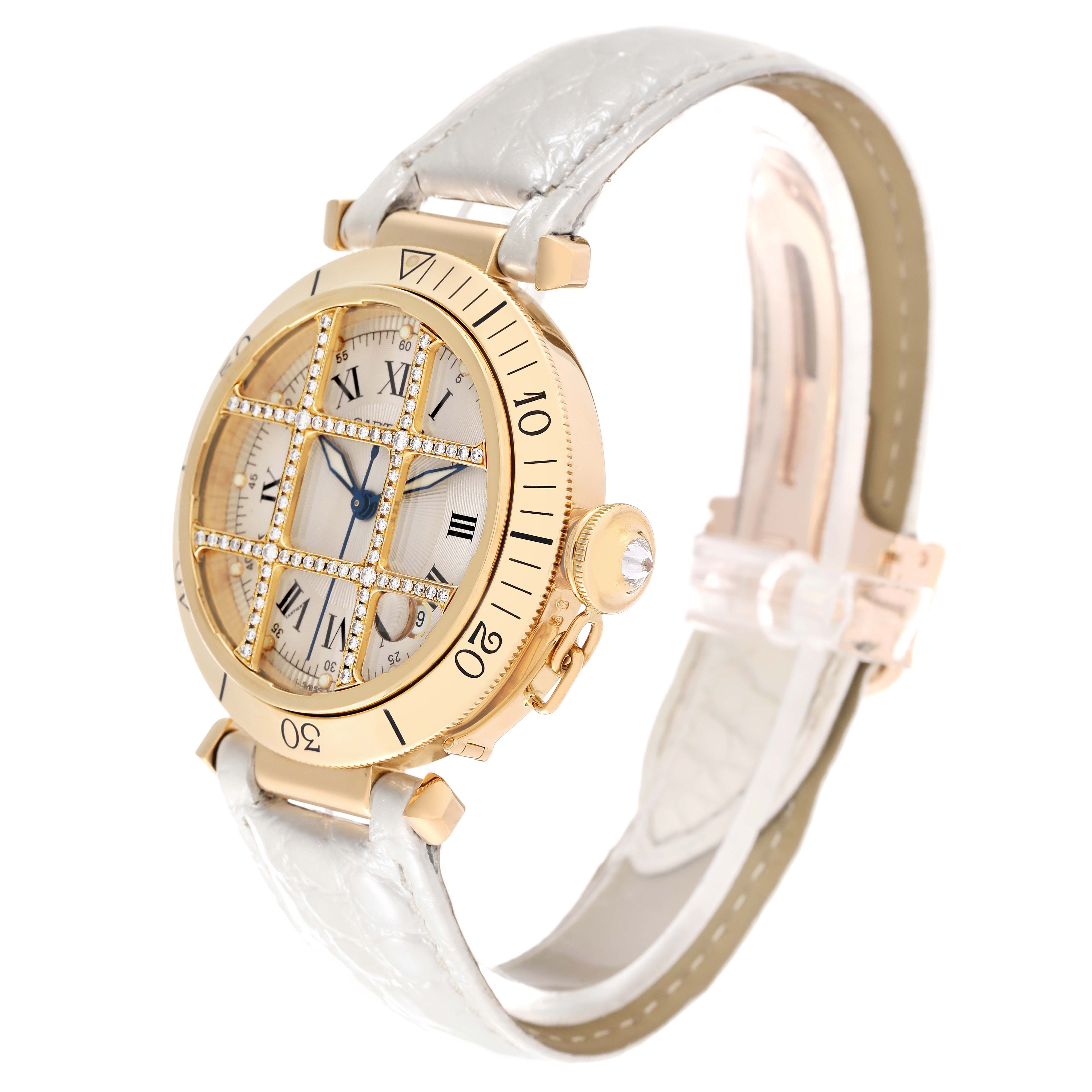 The image shows a side angle of a Cartier Pasha 1023 Men's Yellow Gold Silver Dial 1023 Men's Yellow Gold Silver Dial watch featuring a gold case, a white strap, and a diamond-set grid on the dial.