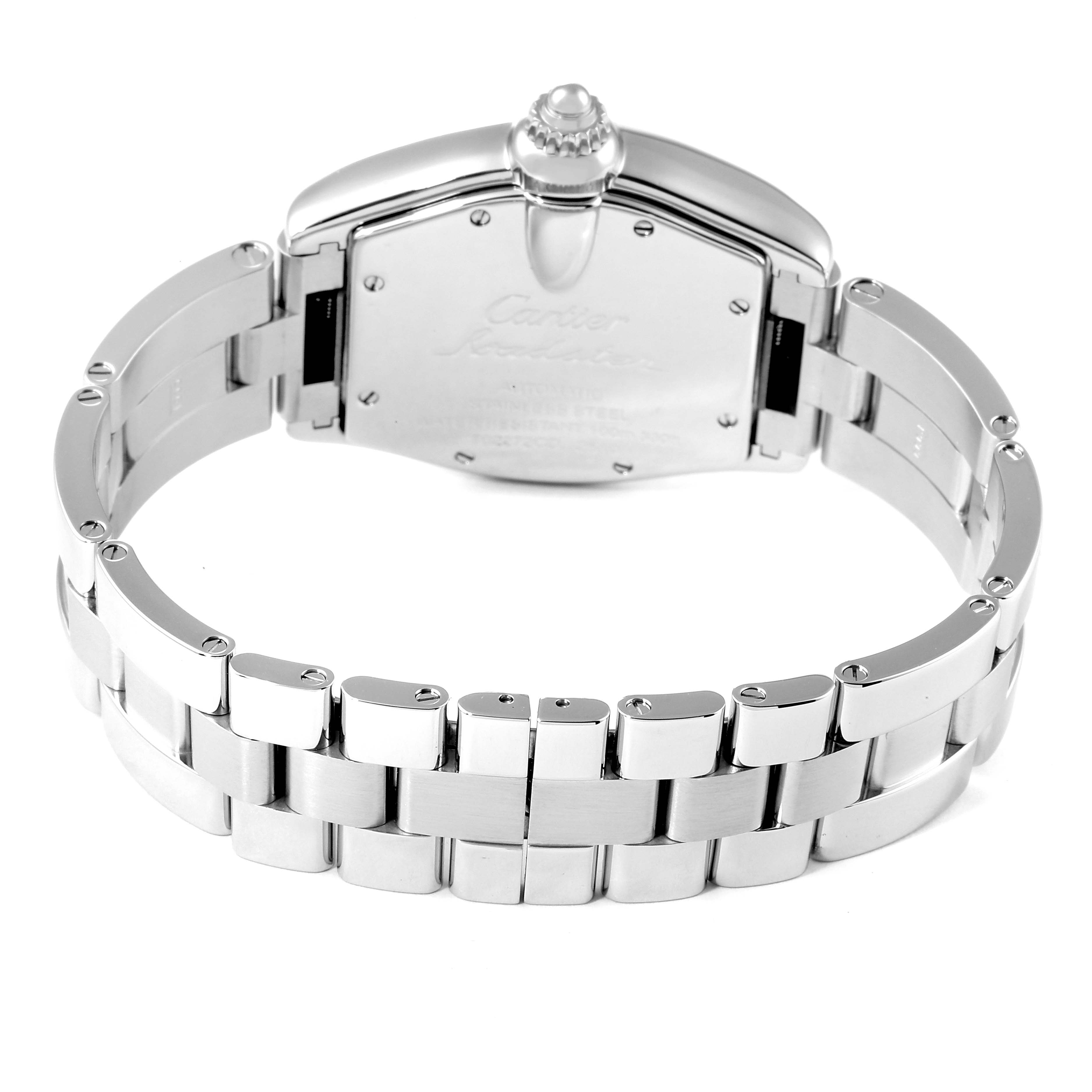 The image shows the back view of the Cartier Roadster W62004V3 Men
s Stainless Steel Black Dial W62004V3 Men
s Stainless Steel Black Dial watch, focusing on the case back and metal bracelet.