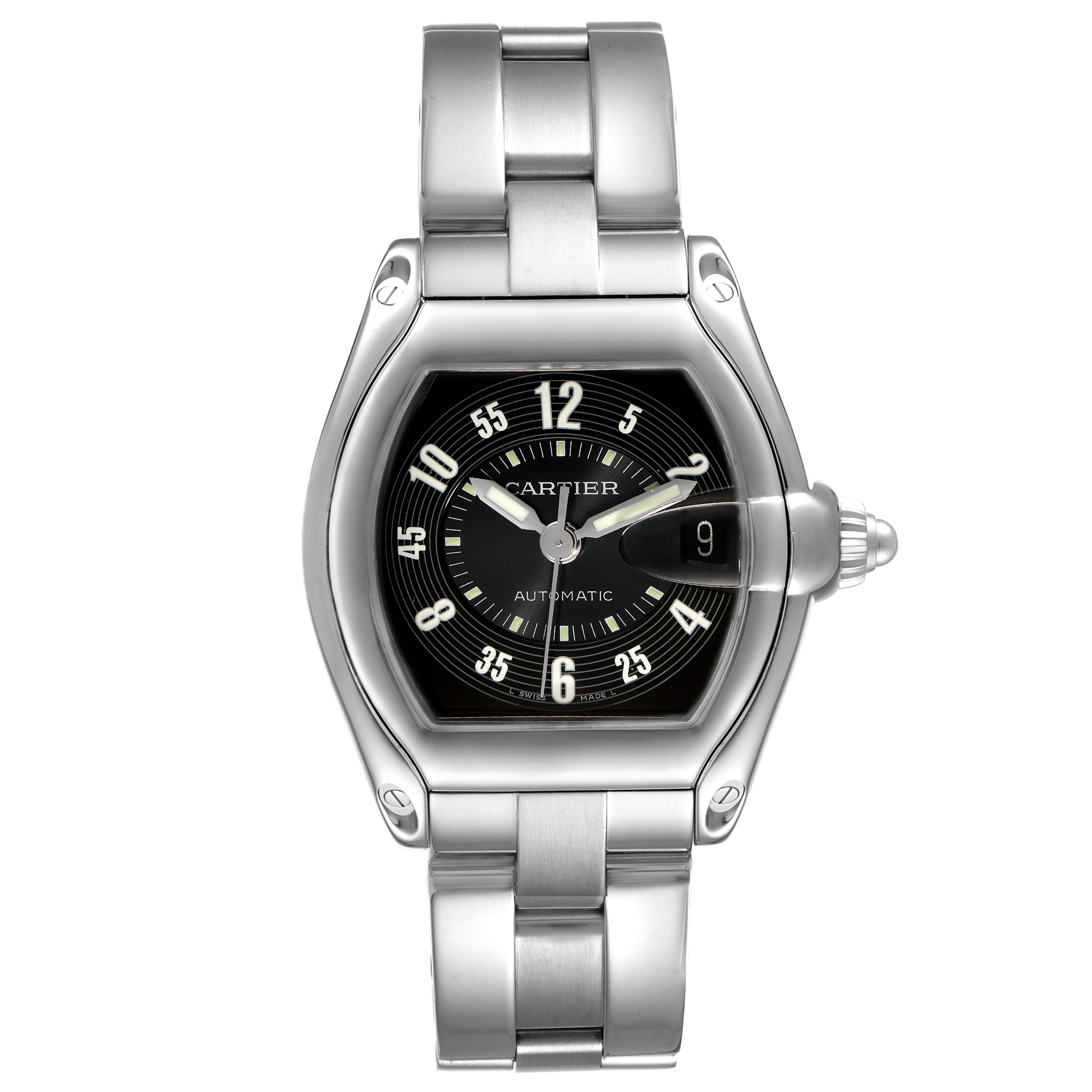 This image shows a frontal view of the Cartier Roadster W62004V3 Men
s Stainless Steel Black Dial W62004V3 Men
s Stainless Steel Black Dial model watch, highlighting its dial, case, and bracelet.