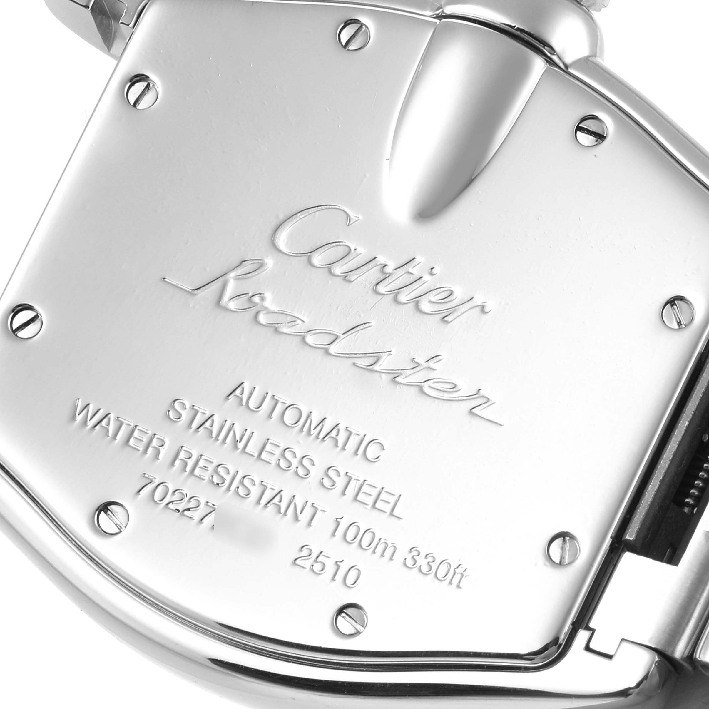This image shows the back case of the Cartier Roadster W62004V3 Men
s Stainless Steel Black Dial W62004V3 Men
s Stainless Steel Black Dial watch, highlighting its branding and specifications.