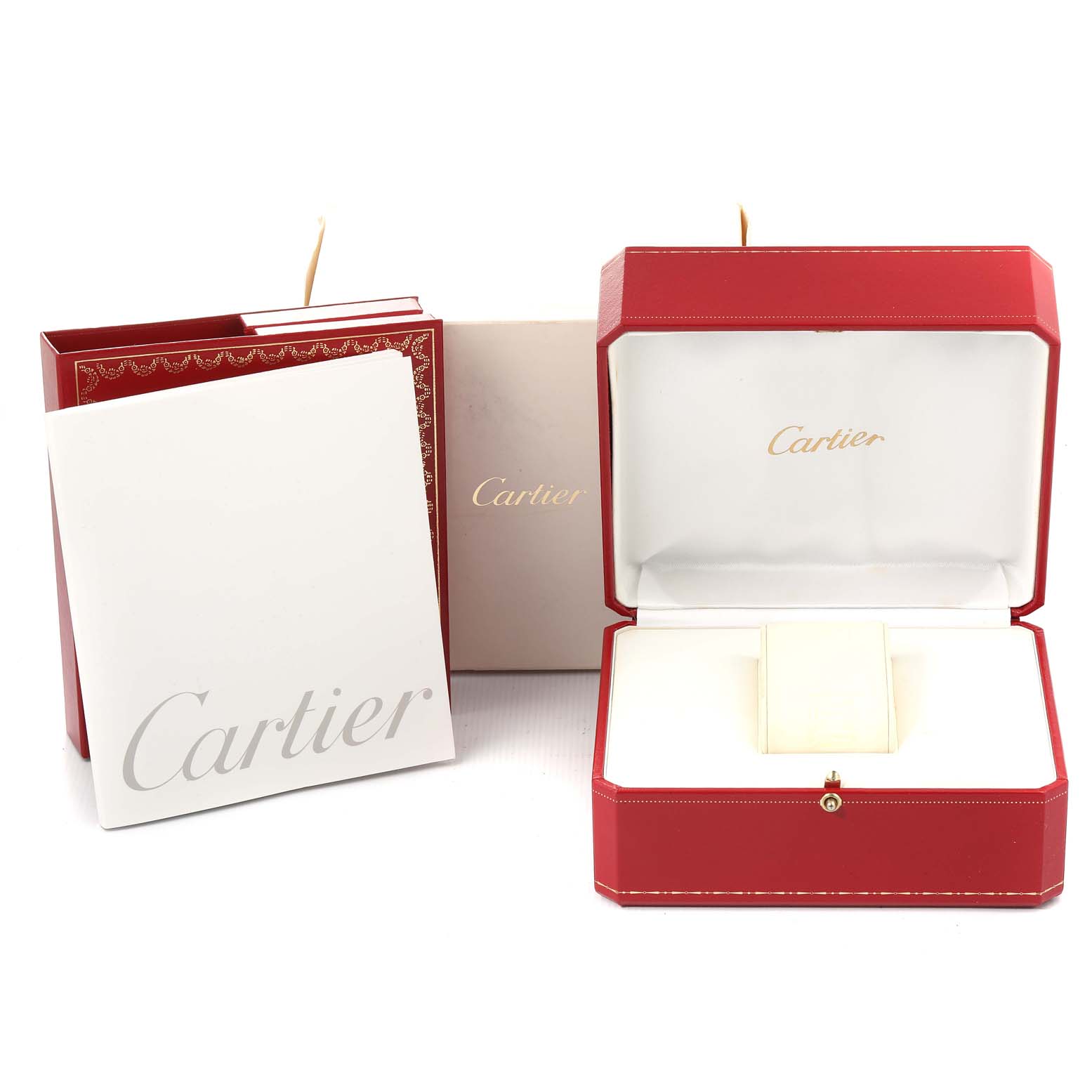 The image features the box, packaging, and accessories for the Cartier Roadster W62004V3 Men
s Stainless Steel Black Dial W62004V3 Men
s Stainless Steel Black Dial watch, including a red box, cardboard box, and booklet.