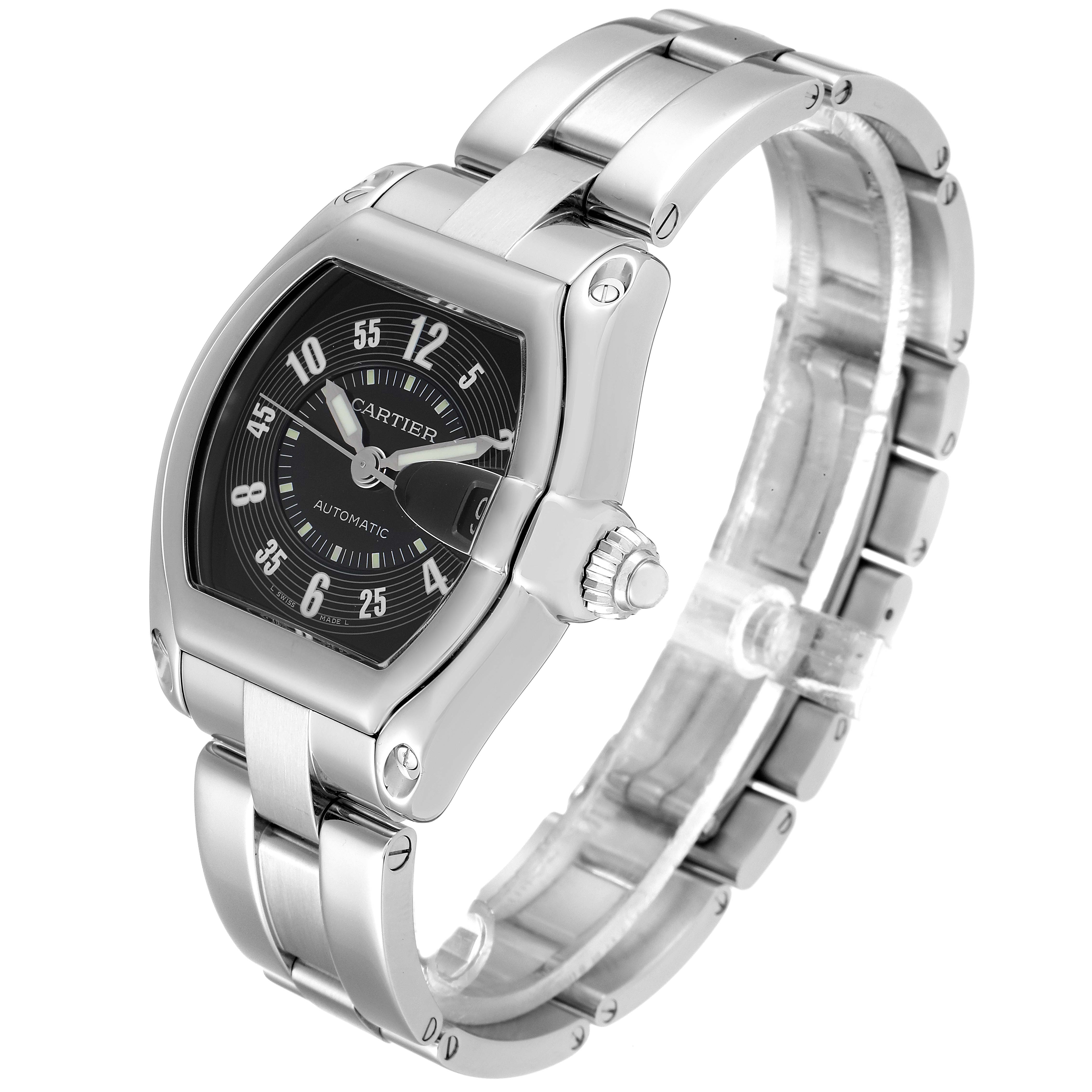 This image shows a Cartier Roadster W62004V3 Men
s Stainless Steel Black Dial W62004V3 Men
s Stainless Steel Black Dial watch at a slight side angle, displaying its face and stainless steel bracelet.