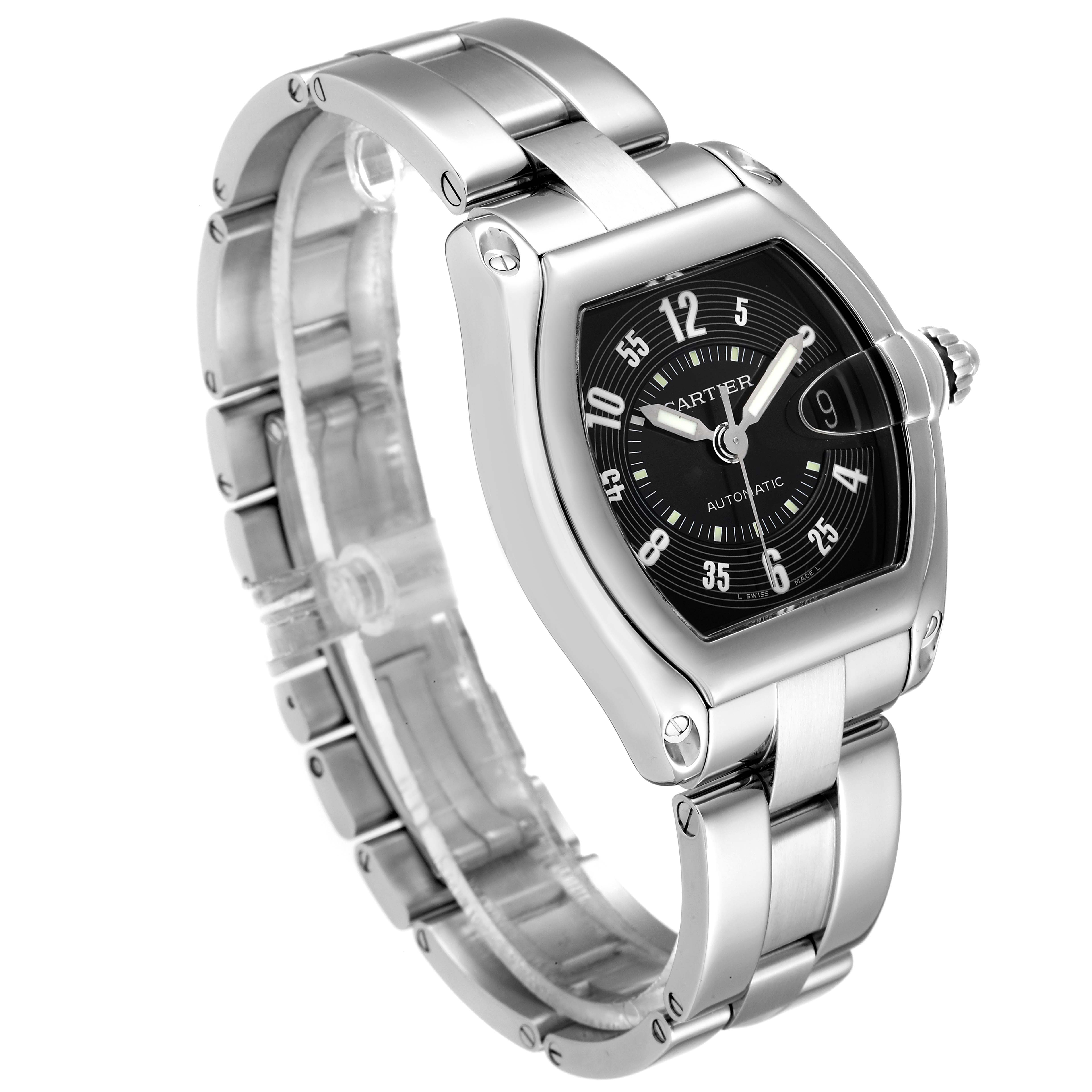 The Cartier Roadster W62004V3 Men
s Stainless Steel Black Dial W62004V3 Men
s Stainless Steel Black Dial watch is shown from a three-quarter angle, highlighting its stainless steel band, black dial, and crown.