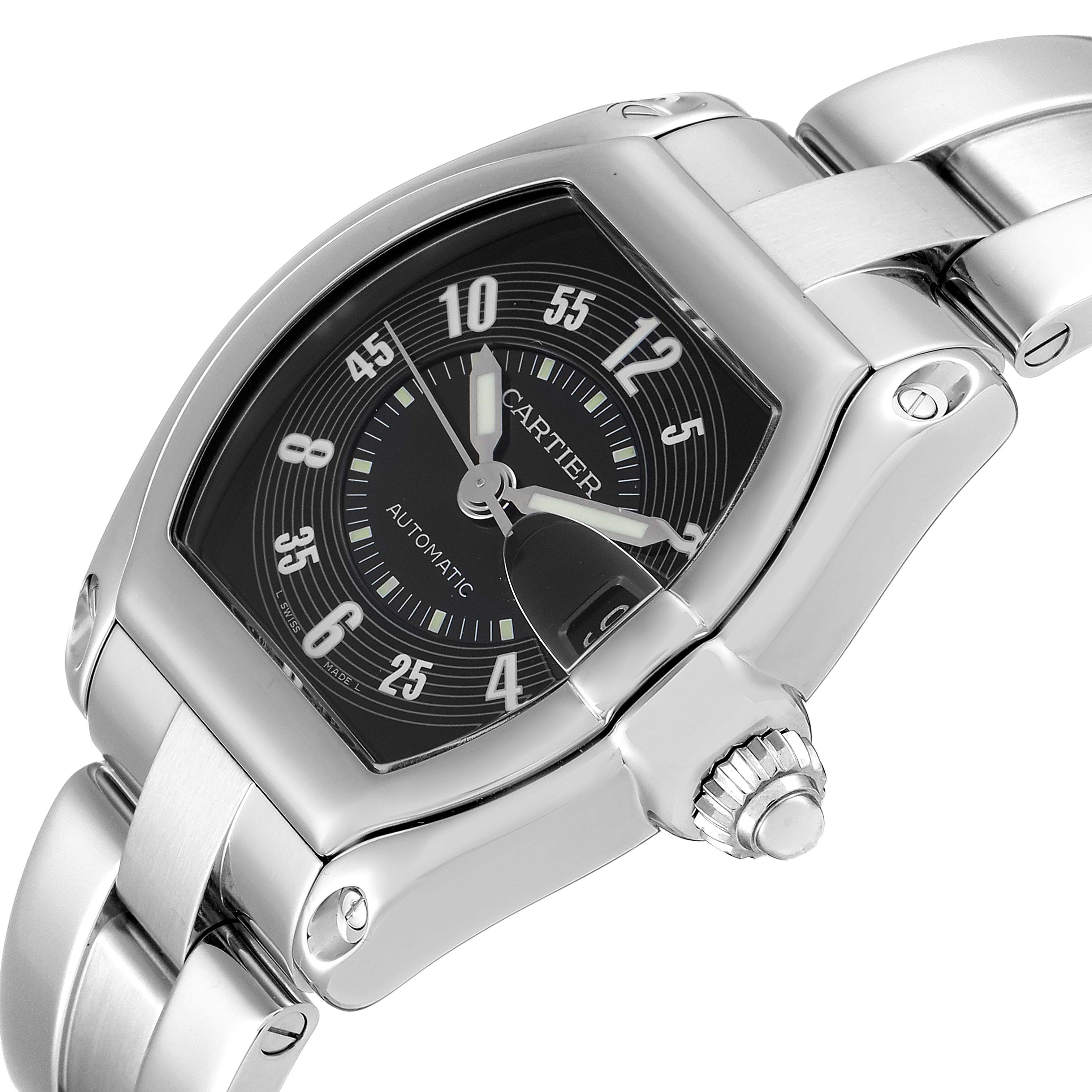 The image shows a Cartier Roadster W62004V3 Men
s Stainless Steel Black Dial W62004V3 Men
s Stainless Steel Black Dial watch angled to display the dial, case, crown, and part of the bracelet.