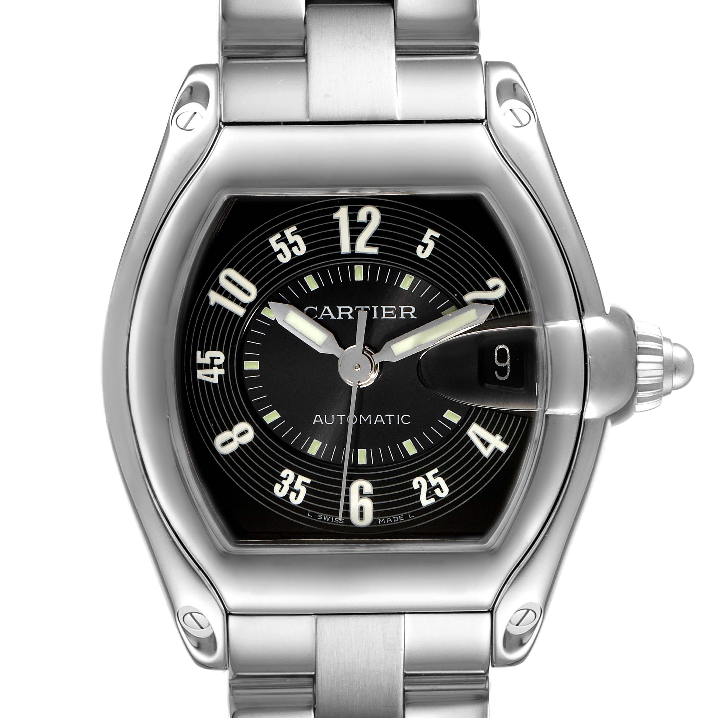 This image shows a frontal view of the Cartier Roadster W62004V3 Men
s Stainless Steel Black Dial W62004V3 Men
s Stainless Steel Black Dial watch, focusing on the watch face, bezel, and a portion of the bracelet.