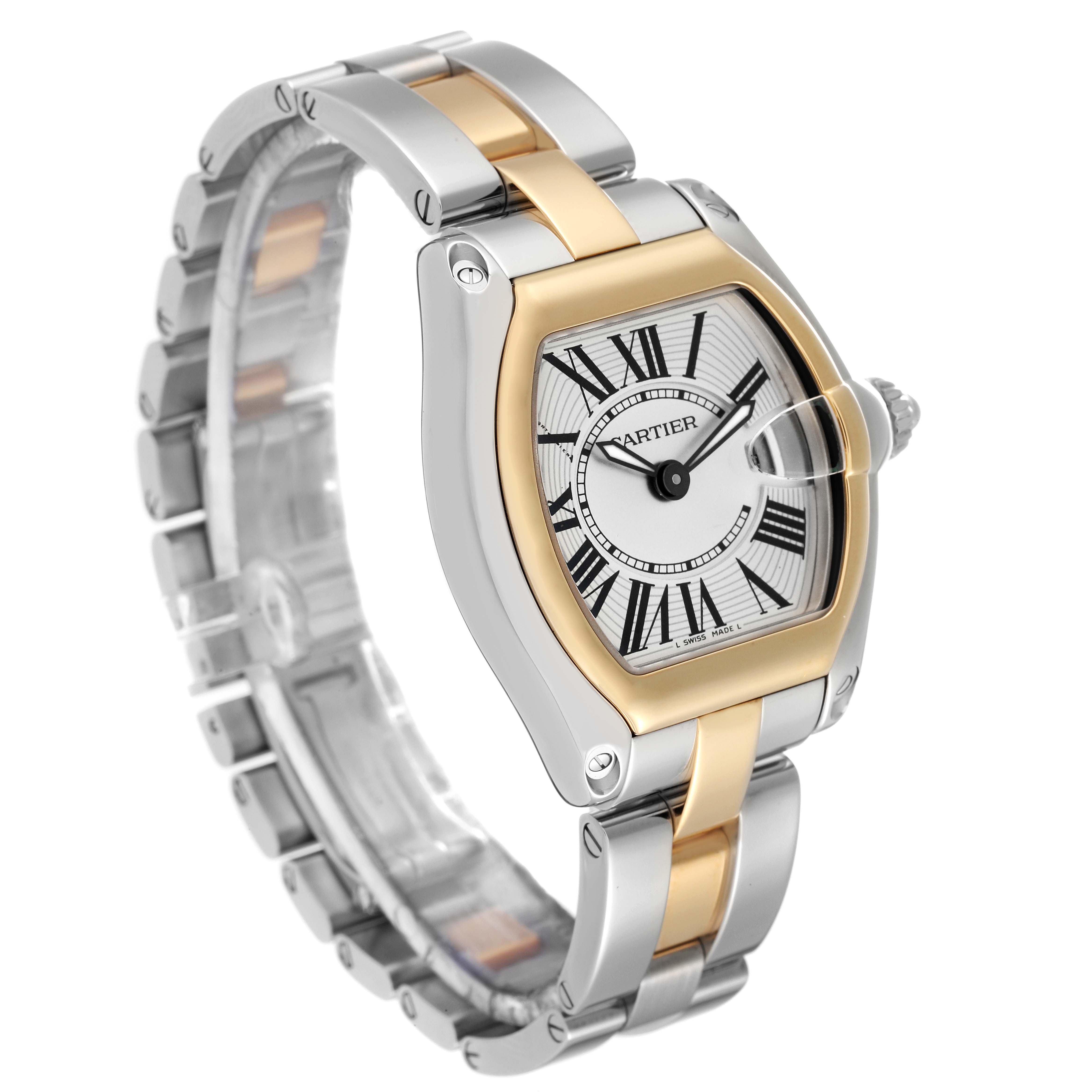 The image shows a Cartier Roadster W62026Y4 Women
s Steel and Gold (two tone) Silver Dial W62026Y4 Women
s Steel and Gold (two tone) Silver Dial watch at a three-quarter angle, highlighting its two-tone metal band, case, and dial with Roman numerals.