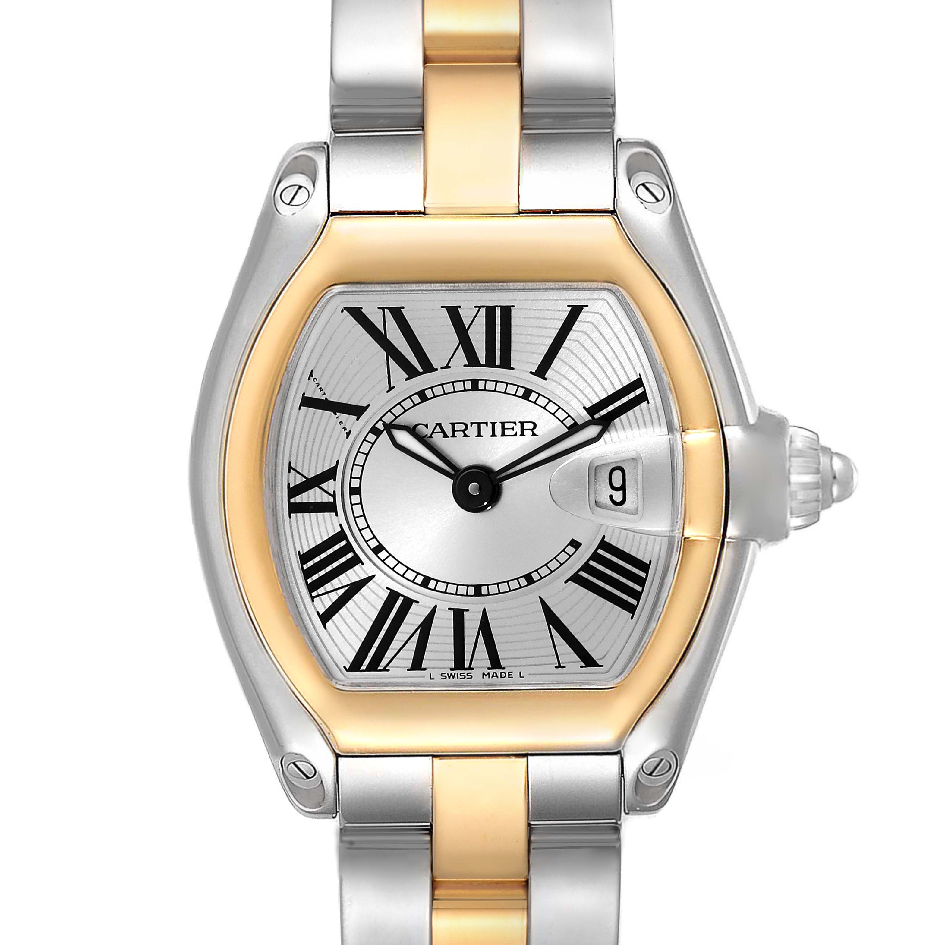 The image shows a close-up, front view of the Cartier Roadster W62026Y4 Women
s Steel and Gold (two tone) Silver Dial W62026Y4 Women
s Steel and Gold (two tone) Silver Dial watch, highlighting its dial, bezel, and part of the bracelet.
