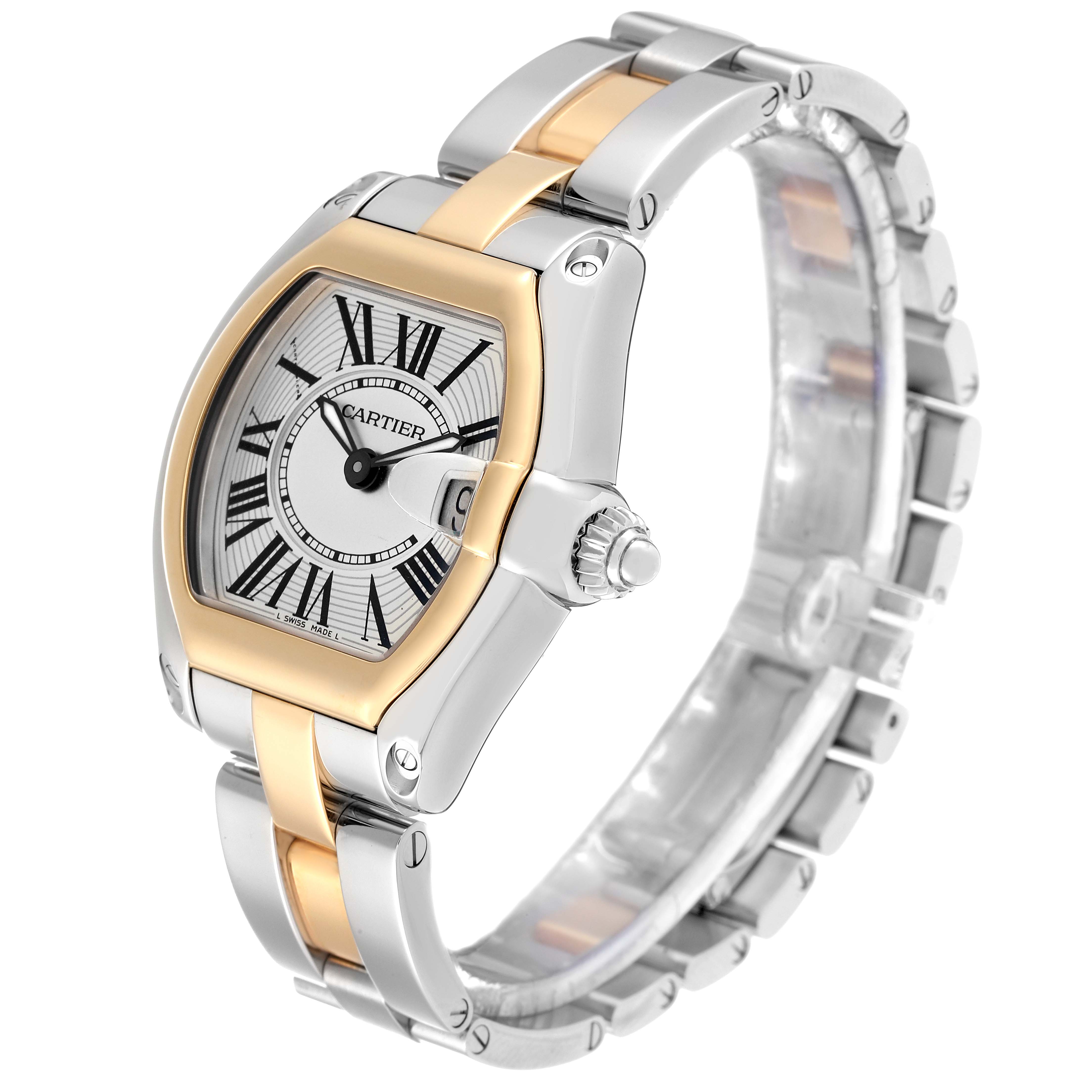 The Cartier Roadster W62026Y4 Women
s Steel and Gold (two tone) Silver Dial W62026Y4 Women
s Steel and Gold (two tone) Silver Dial watch is shown at a slight angle, displaying the face, crown, and metal bracelet.