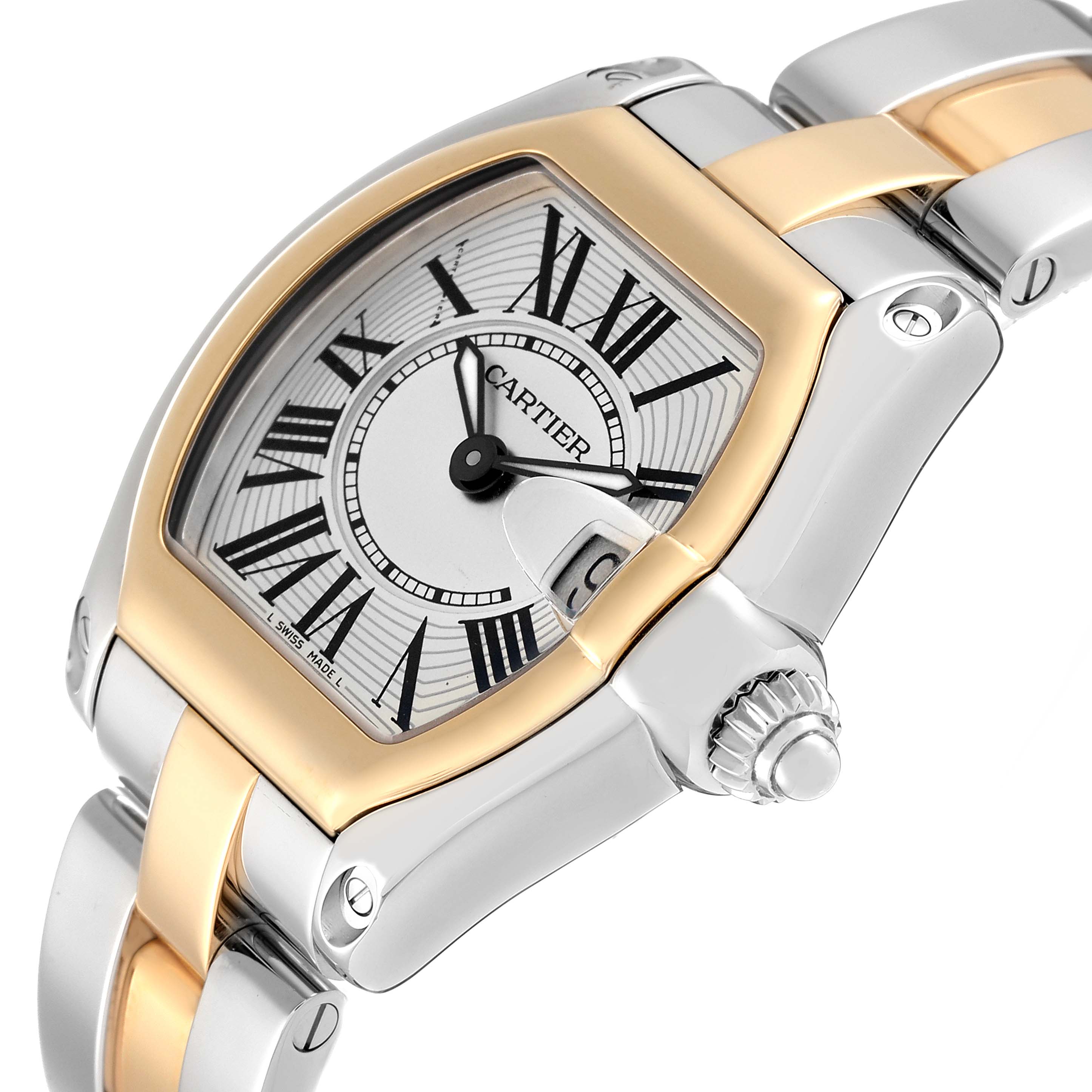 This image shows a close-up side angle of the Cartier Roadster W62026Y4 Women
s Steel and Gold (two tone) Silver Dial W62026Y4 Women
s Steel and Gold (two tone) Silver Dial watch, highlighting the face and part of the bracelet.