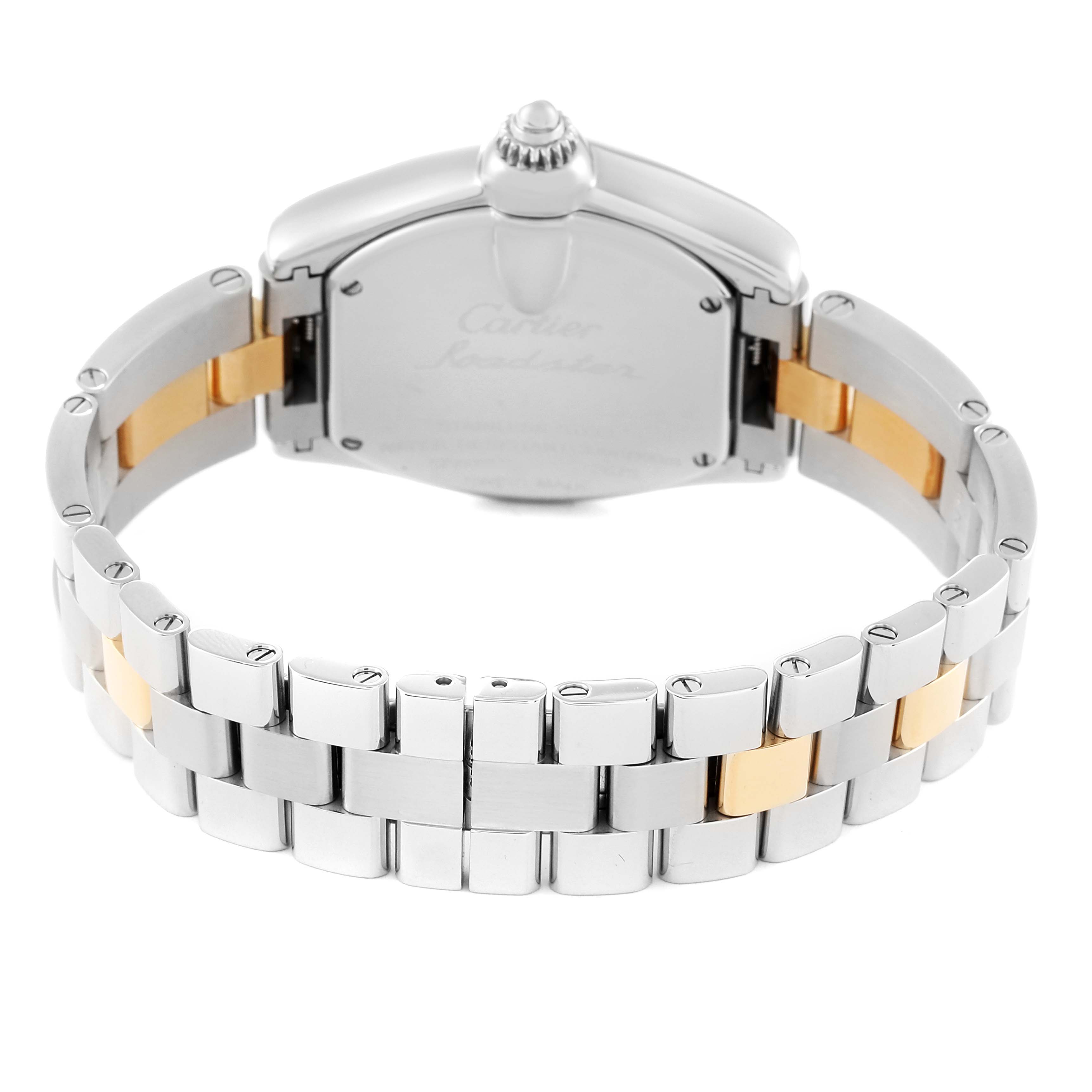 This image shows the back view of the Cartier Roadster W62026Y4 Women
s Steel and Gold (two tone) Silver Dial W62026Y4 Women
s Steel and Gold (two tone) Silver Dial watch, highlighting the clasp and bracelet.